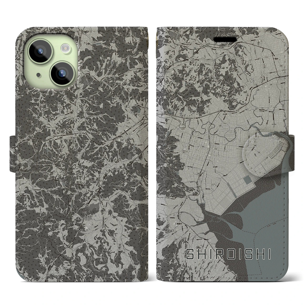 【白石(佐賀県)】地図柄iPhoneケース(手帳タイプ)モノトーン・iPhone 15 用