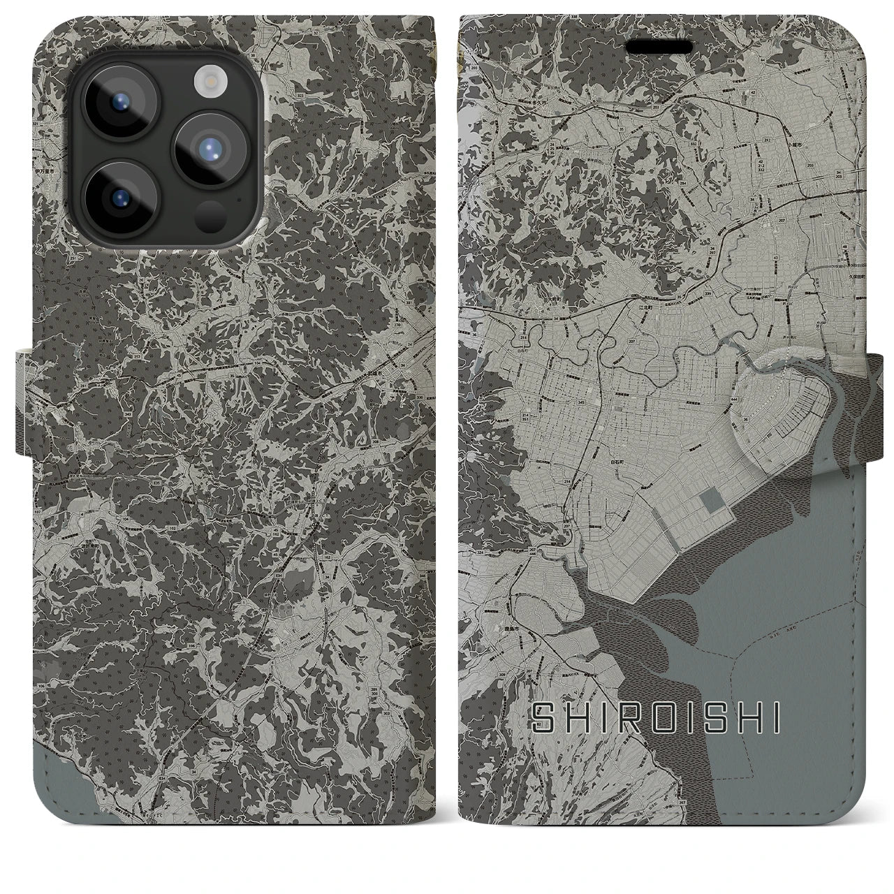 【白石(佐賀県)】地図柄iPhoneケース(手帳タイプ)モノトーン・iPhone 15 Pro Max 用