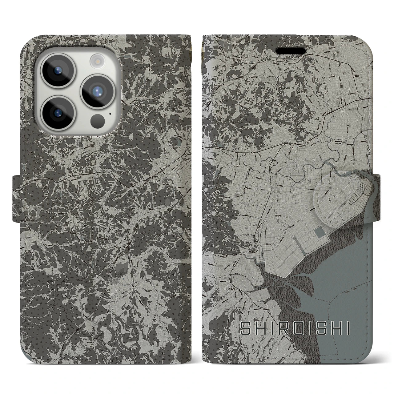 【白石(佐賀県)】地図柄iPhoneケース(手帳タイプ)モノトーン・iPhone 15 Pro 用