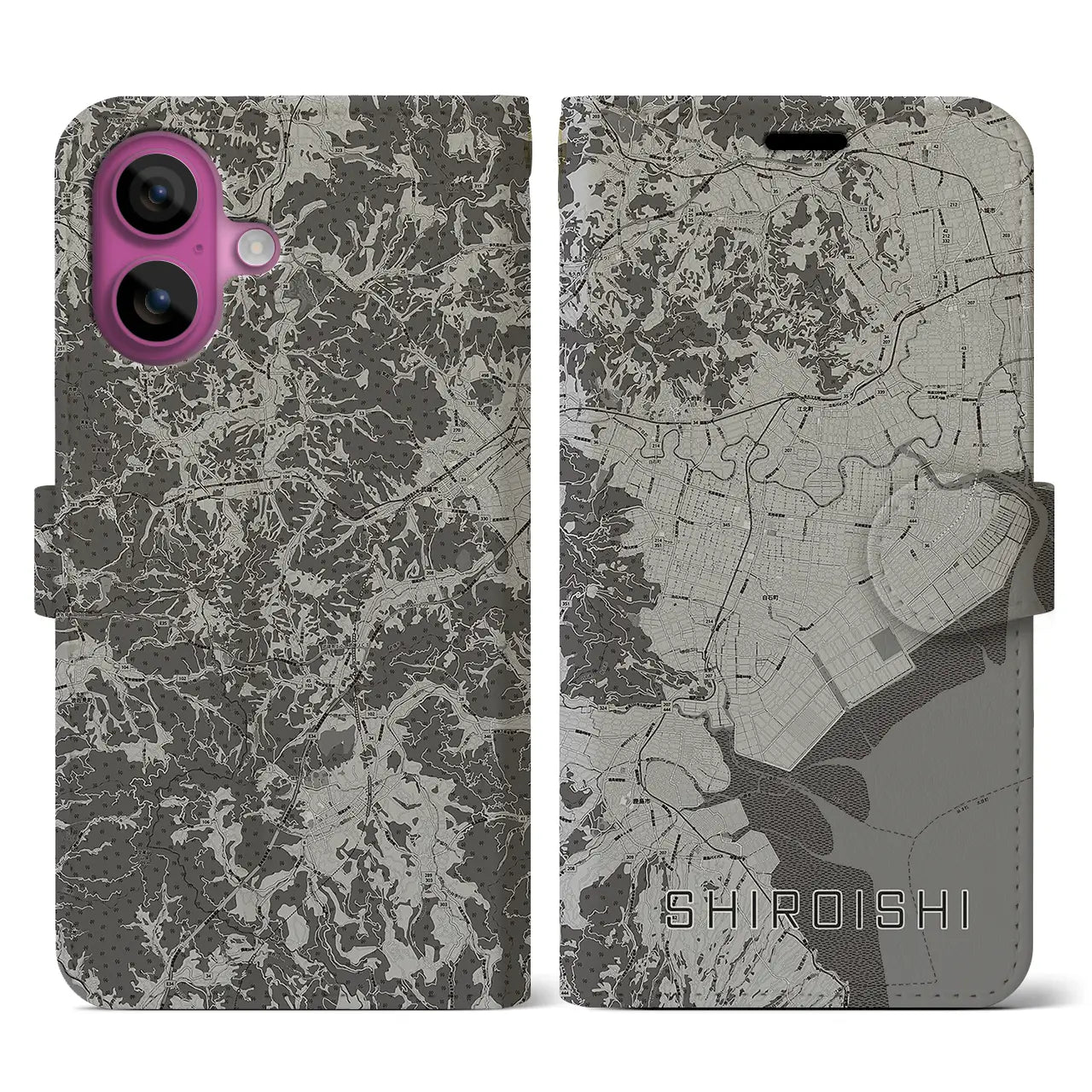 【白石(佐賀県)】地図柄iPhoneケース(手帳タイプ)モノトーン・iPhone 16 Pro 用