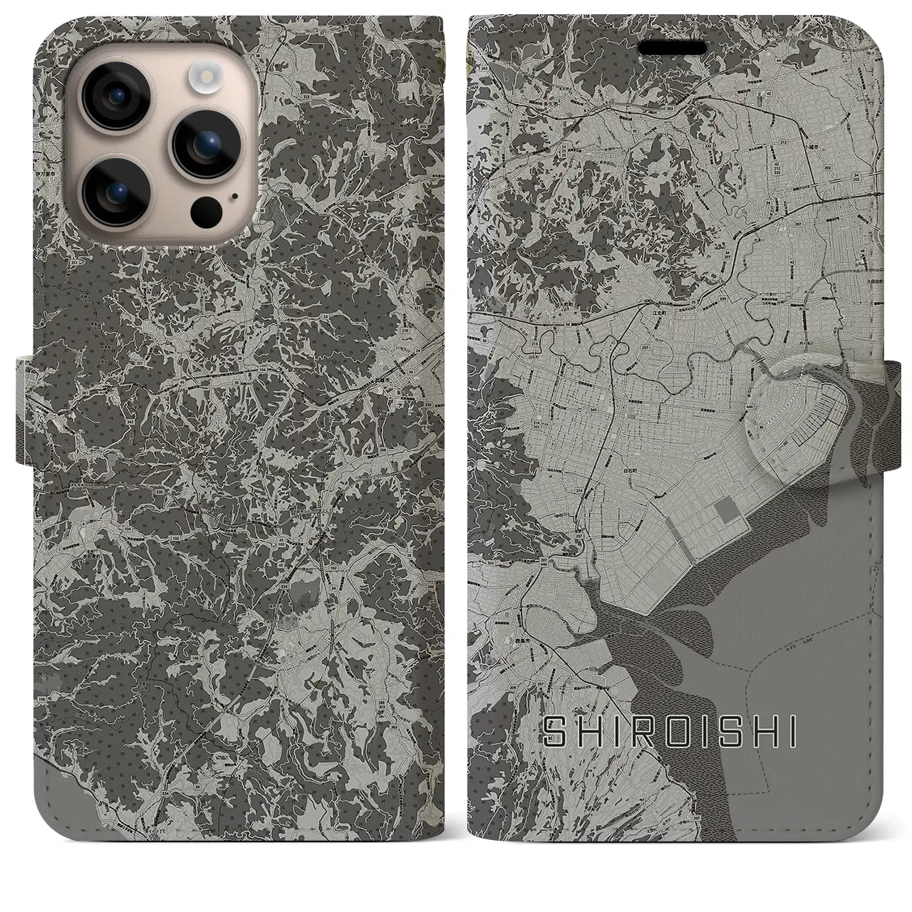 【白石(佐賀県)】地図柄iPhoneケース(手帳タイプ)モノトーン・iPhone 16 Plus 用