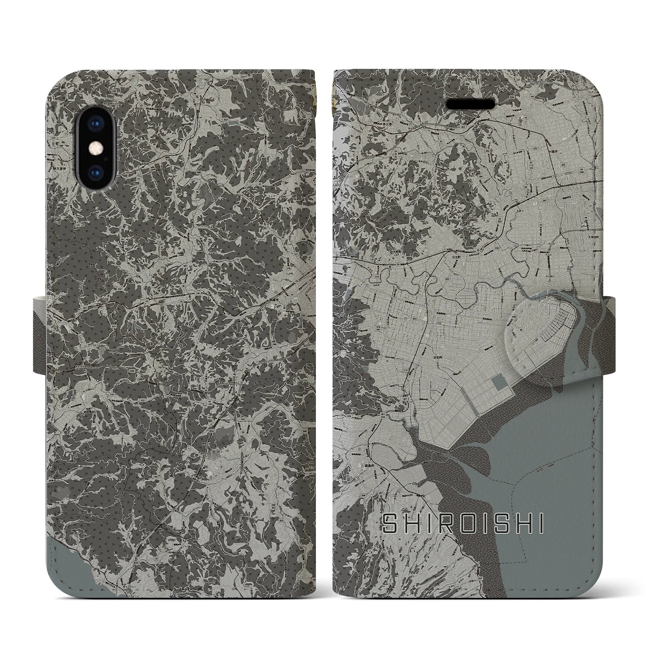 【白石(佐賀県)】地図柄iPhoneケース(手帳タイプ)モノトーン・iPhone XS / X 用