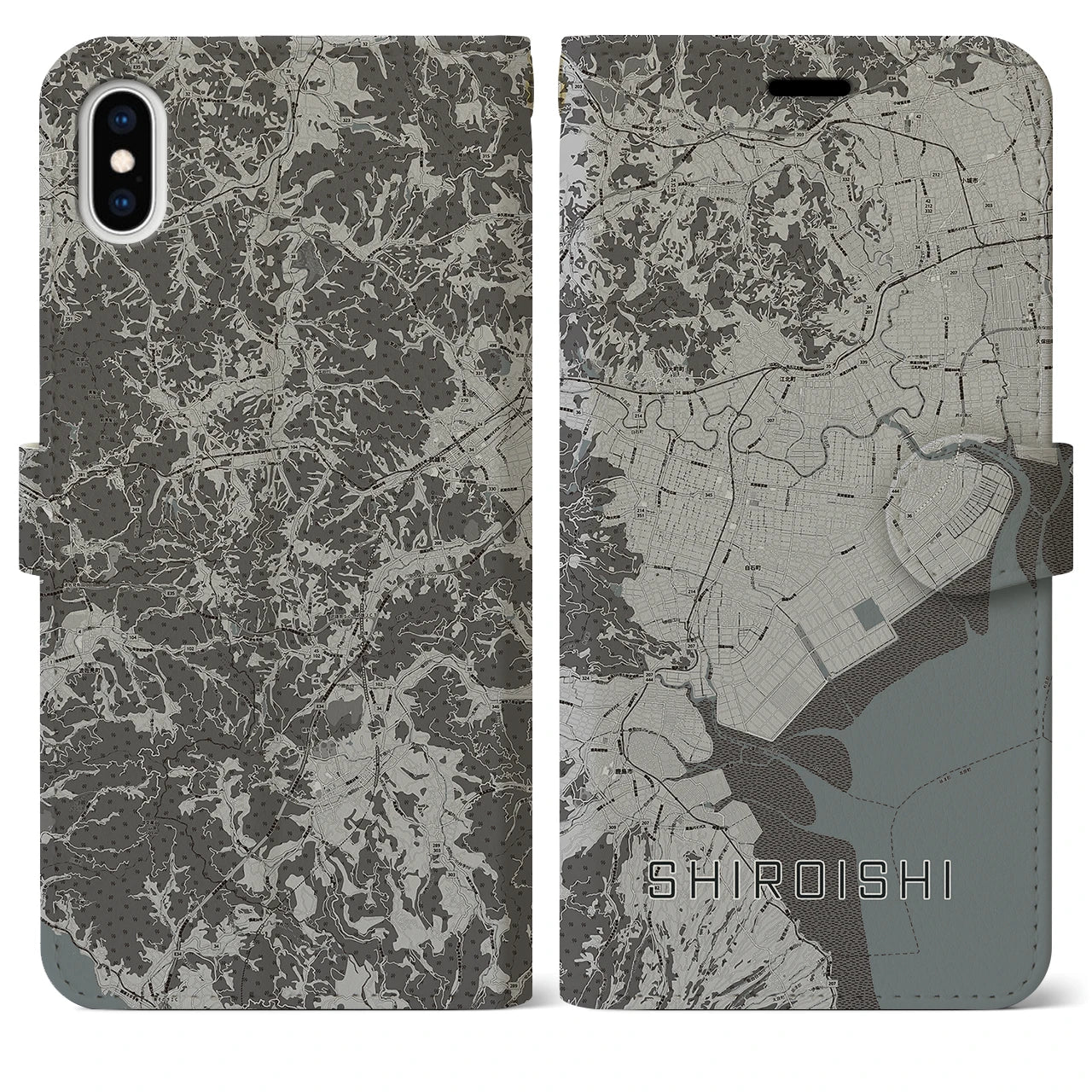 【白石(佐賀県)】地図柄iPhoneケース(手帳タイプ)モノトーン・iPhone XS Max 用