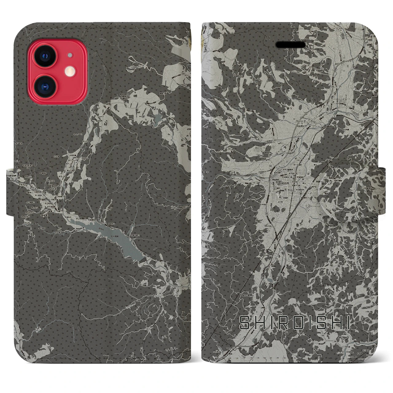【白石(宮城県)】地図柄iPhoneケース(手帳タイプ)モノトーン・iPhone 11 用