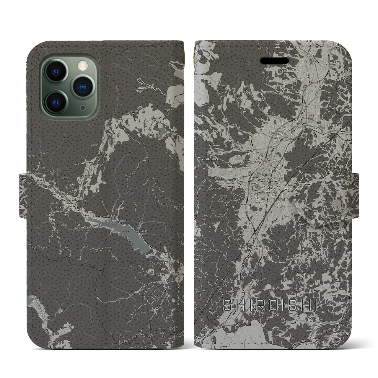 【白石(宮城県)】地図柄iPhoneケース(手帳タイプ)モノトーン・iPhone 11 Pro 用