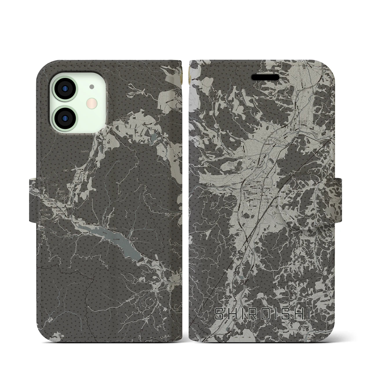 【白石(宮城県)】地図柄iPhoneケース(手帳タイプ)モノトーン・iPhone 12 mini 用