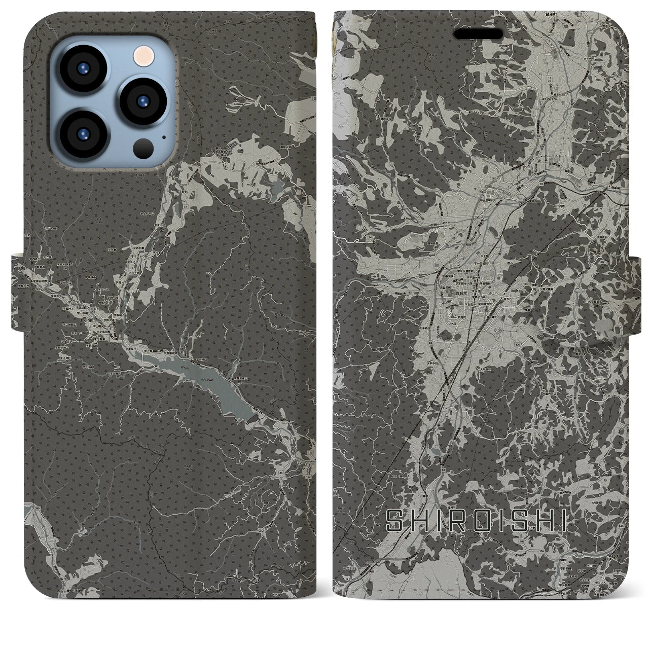 【白石(宮城県)】地図柄iPhoneケース(手帳タイプ)モノトーン・iPhone 13 Pro Max 用