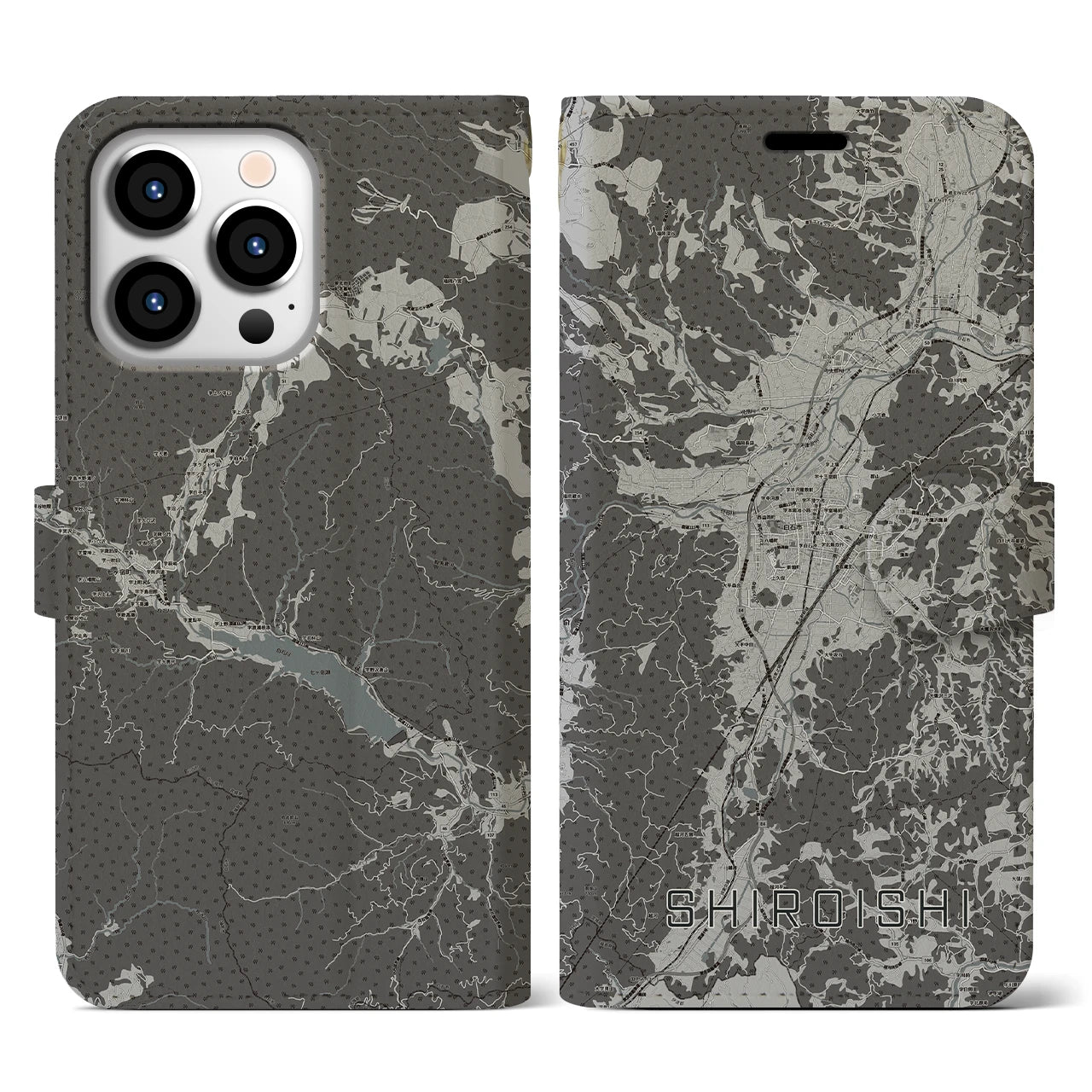 【白石(宮城県)】地図柄iPhoneケース(手帳タイプ)モノトーン・iPhone 13 Pro 用