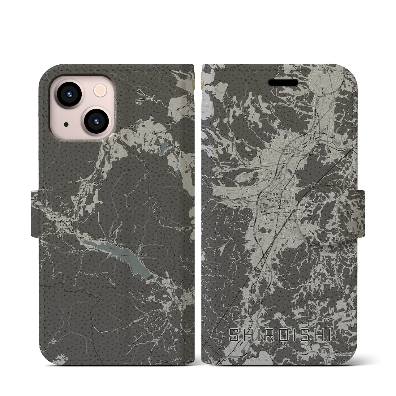 【白石(宮城県)】地図柄iPhoneケース(手帳タイプ)モノトーン・iPhone 13 mini 用