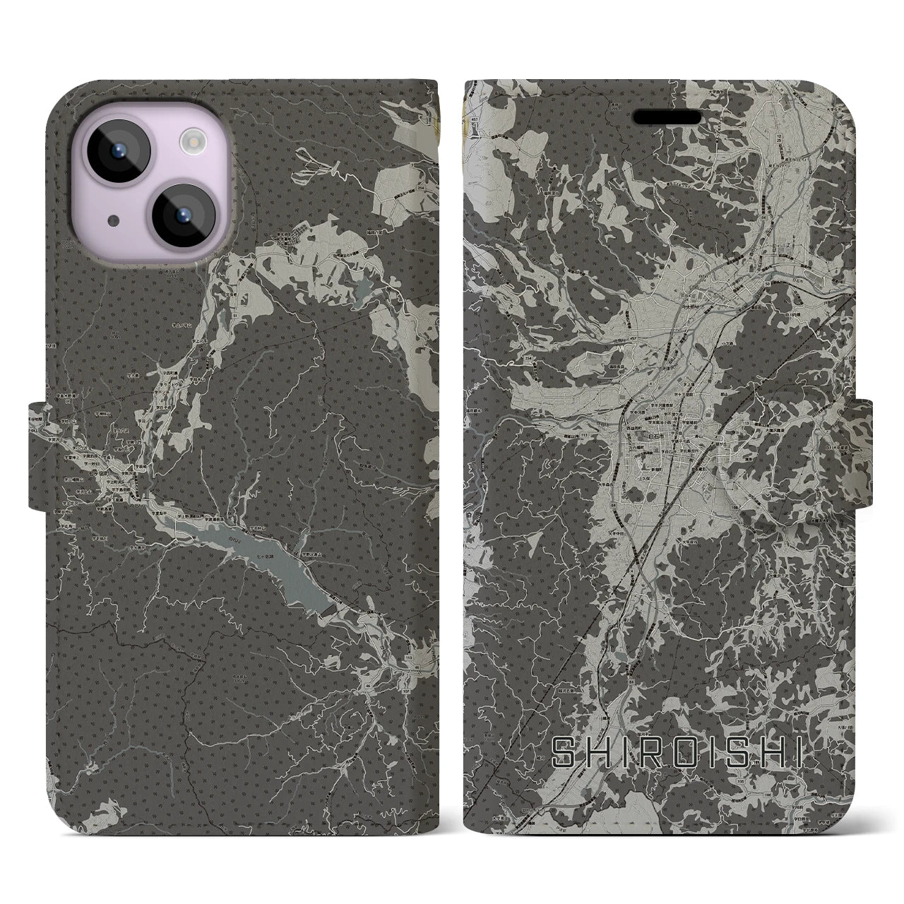 【白石(宮城県)】地図柄iPhoneケース(手帳タイプ)モノトーン・iPhone 14 用