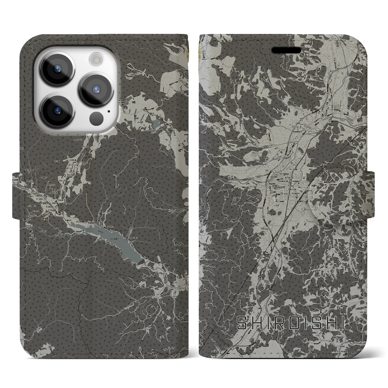 【白石(宮城県)】地図柄iPhoneケース(手帳タイプ)モノトーン・iPhone 14 Pro 用