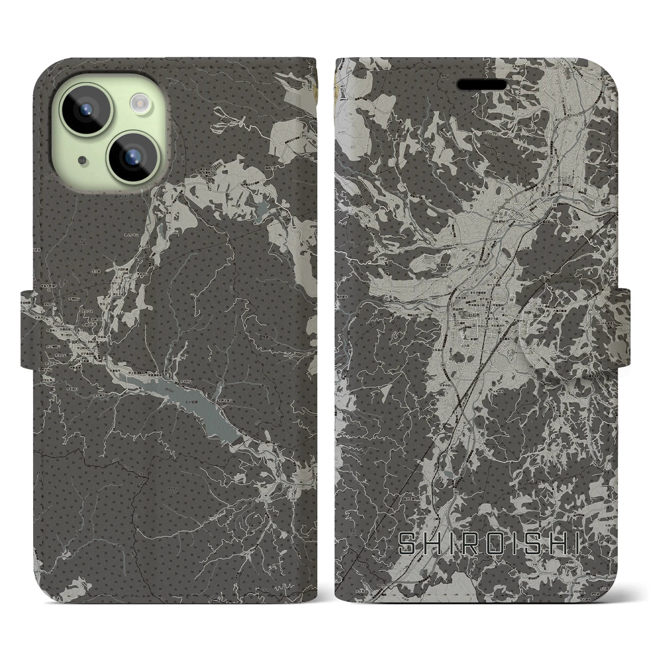 【白石(宮城県)】地図柄iPhoneケース(手帳タイプ)モノトーン・iPhone 15 用