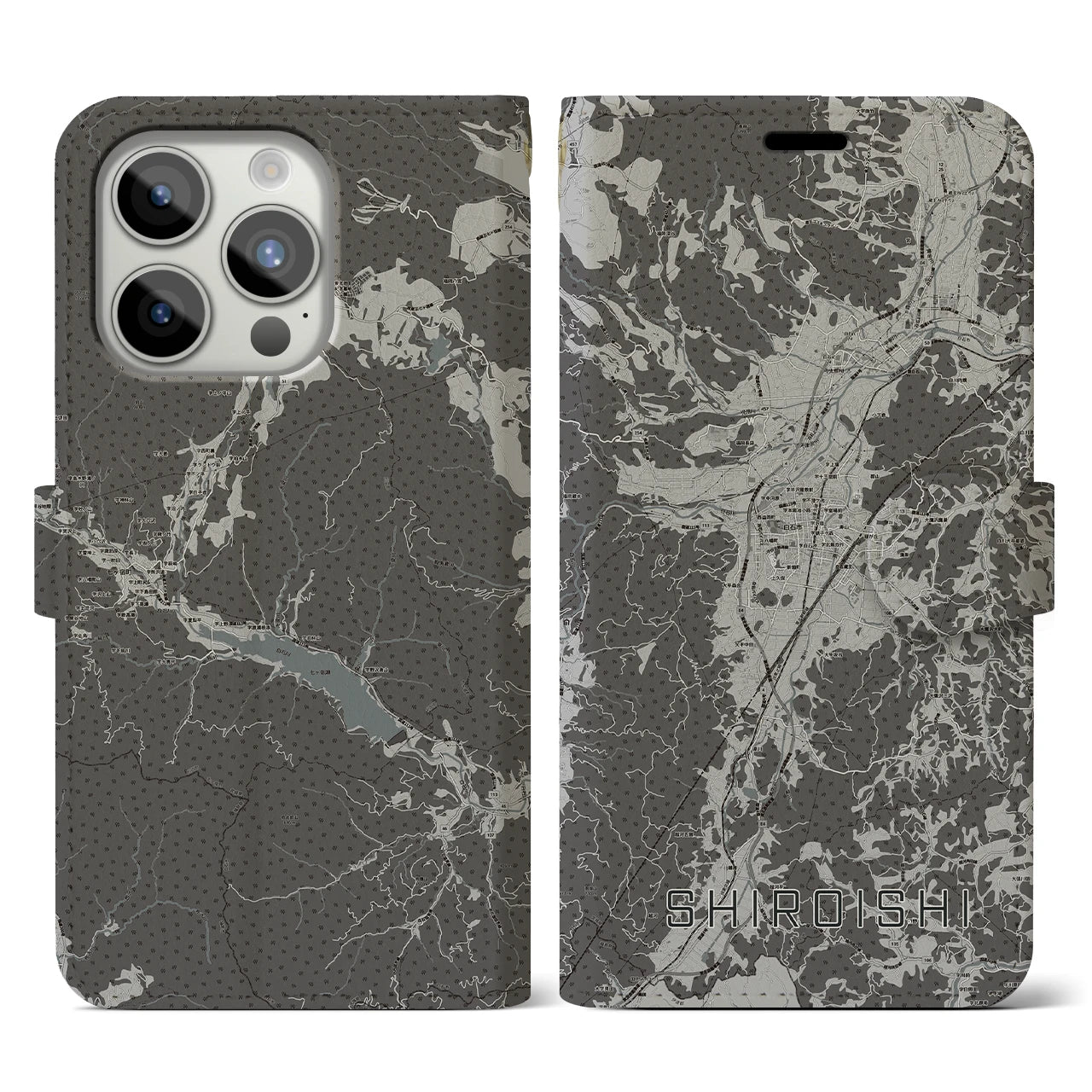 【白石(宮城県)】地図柄iPhoneケース(手帳タイプ)モノトーン・iPhone 15 Pro 用