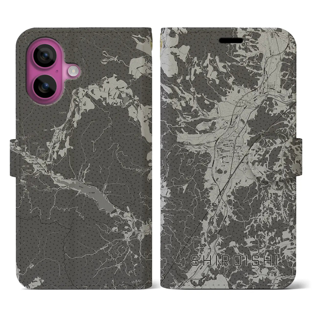 【白石(宮城県)】地図柄iPhoneケース(手帳タイプ)モノトーン・iPhone 16 Pro 用