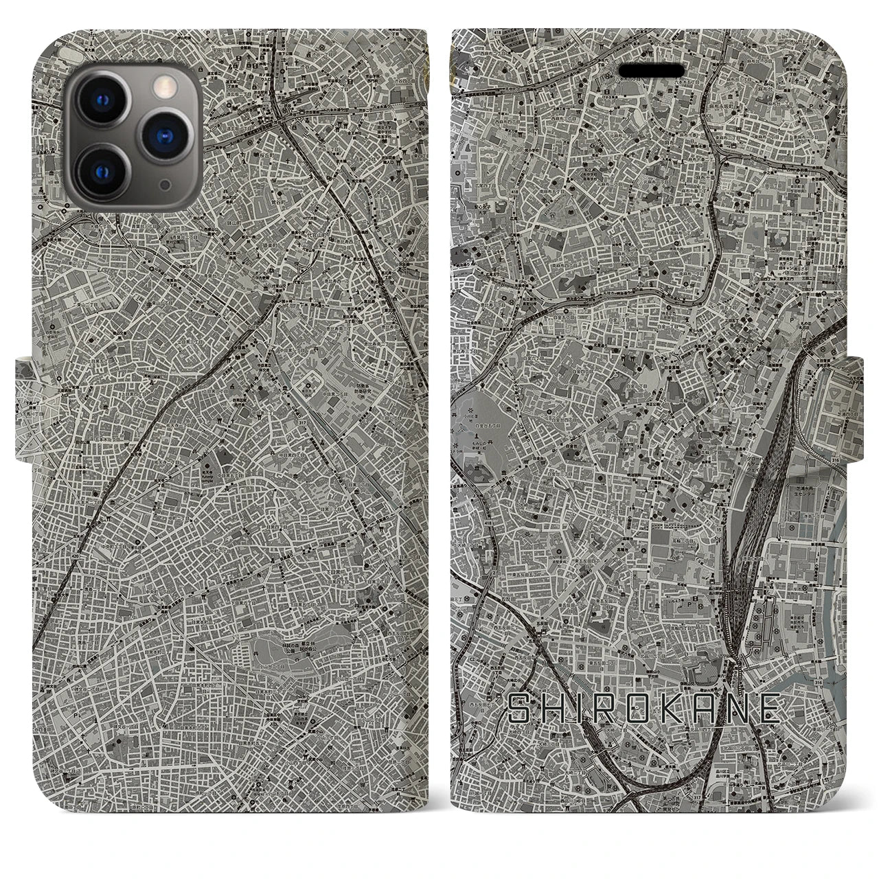 【白金(東京都)】地図柄iPhoneケース(手帳タイプ)モノトーン・iPhone 11 Pro Max 用