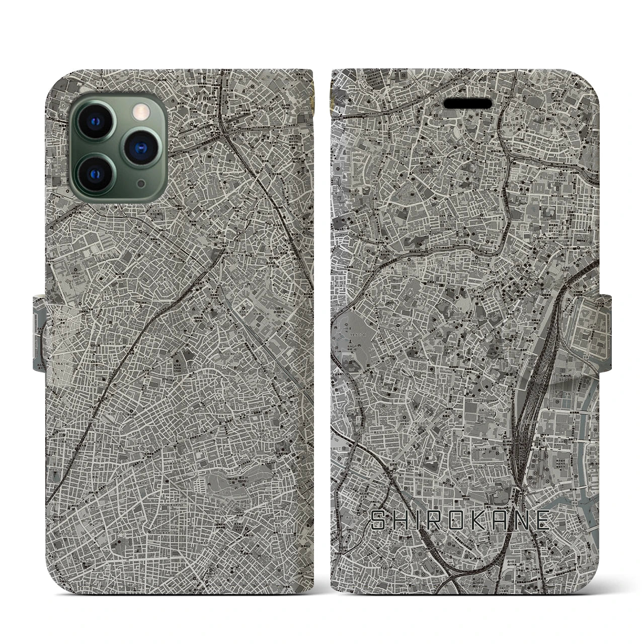 【白金(東京都)】地図柄iPhoneケース(手帳タイプ)モノトーン・iPhone 11 Pro 用