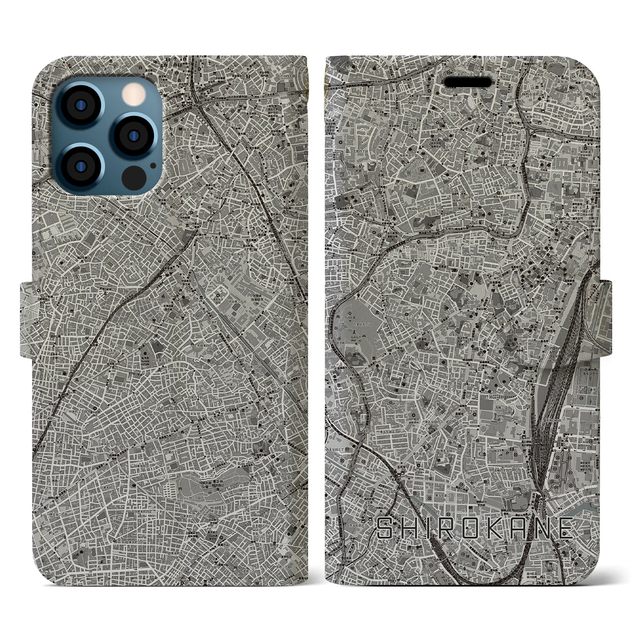 【白金(東京都)】地図柄iPhoneケース(手帳タイプ)モノトーン・iPhone 12 / 12 Pro 用