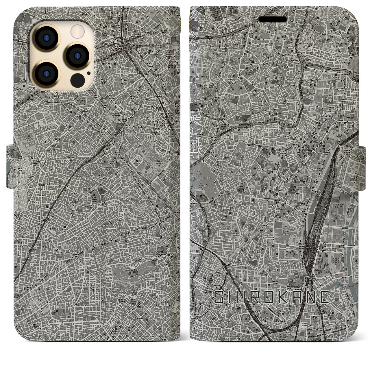 【白金(東京都)】地図柄iPhoneケース(手帳タイプ)モノトーン・iPhone 12 Pro Max 用