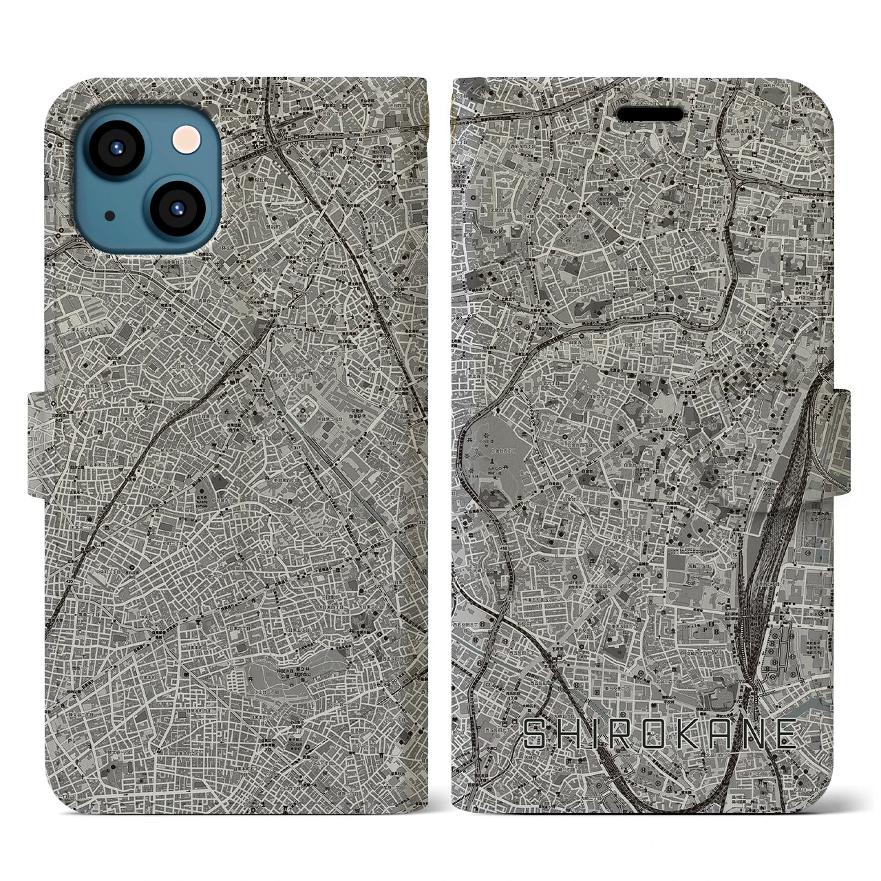 【白金(東京都)】地図柄iPhoneケース(手帳タイプ)モノトーン・iPhone 13 用