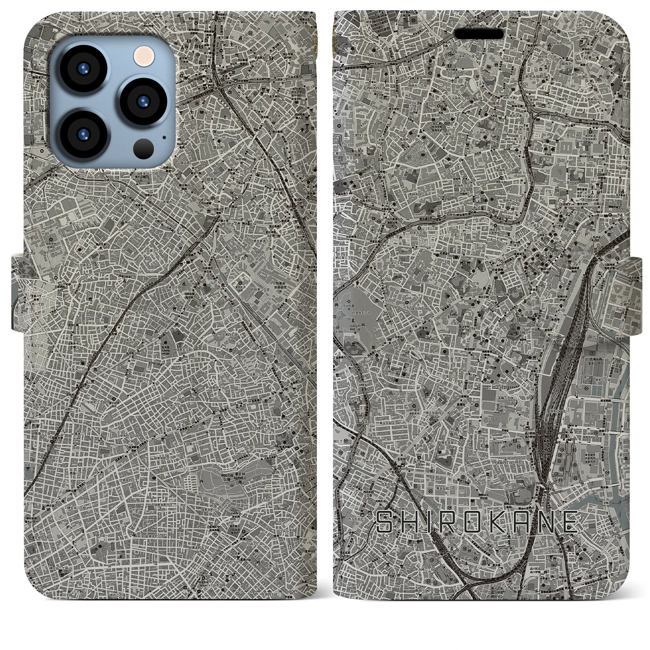【白金(東京都)】地図柄iPhoneケース(手帳タイプ)モノトーン・iPhone 13 Pro Max 用