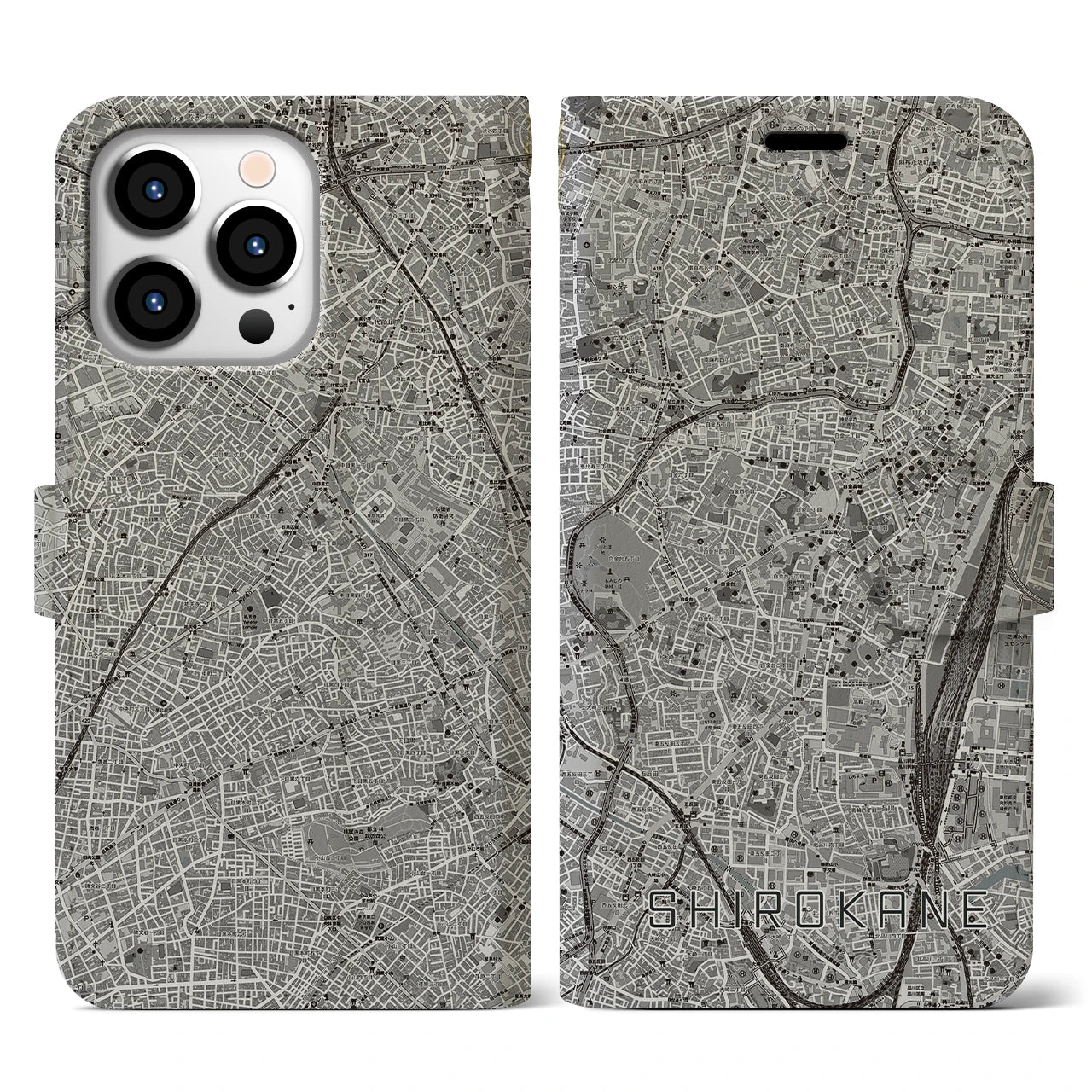 【白金(東京都)】地図柄iPhoneケース(手帳タイプ)モノトーン・iPhone 13 Pro 用