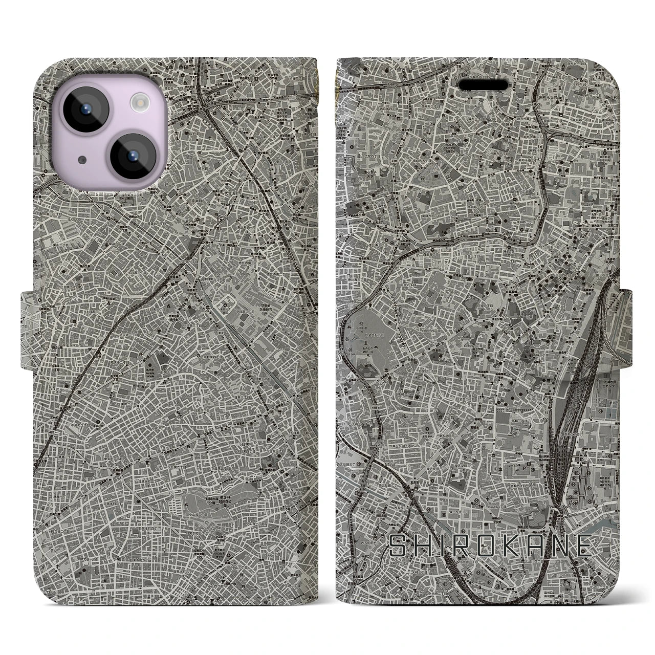 【白金(東京都)】地図柄iPhoneケース(手帳タイプ)モノトーン・iPhone 14 用