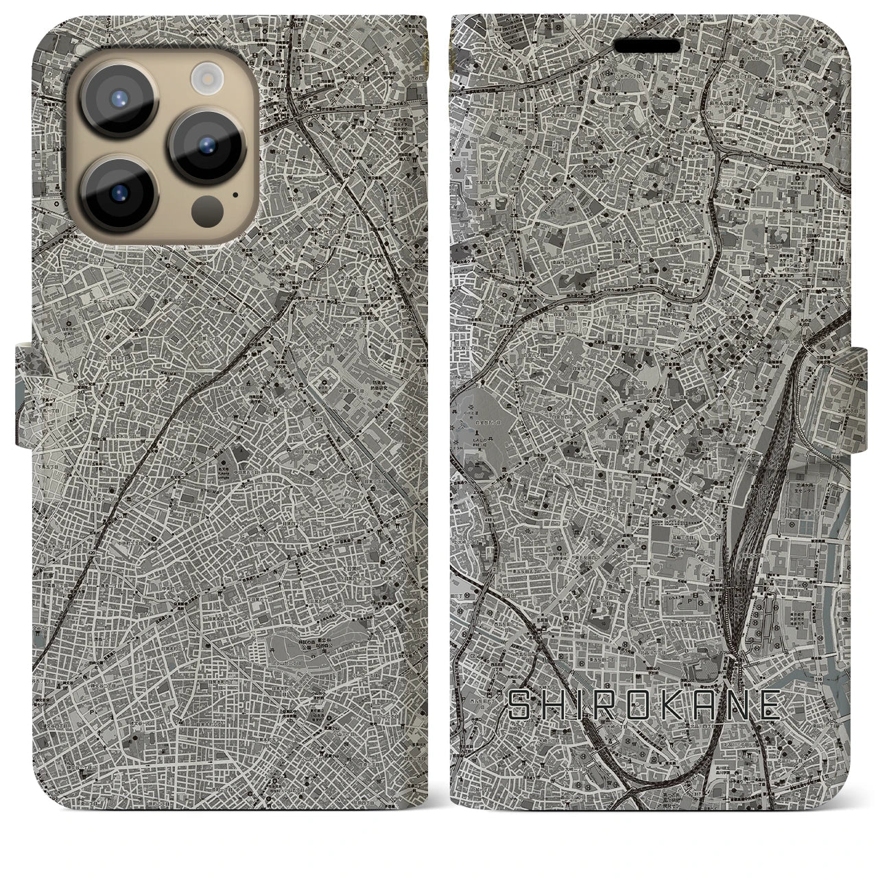 【白金(東京都)】地図柄iPhoneケース(手帳タイプ)モノトーン・iPhone 14 Pro Max 用
