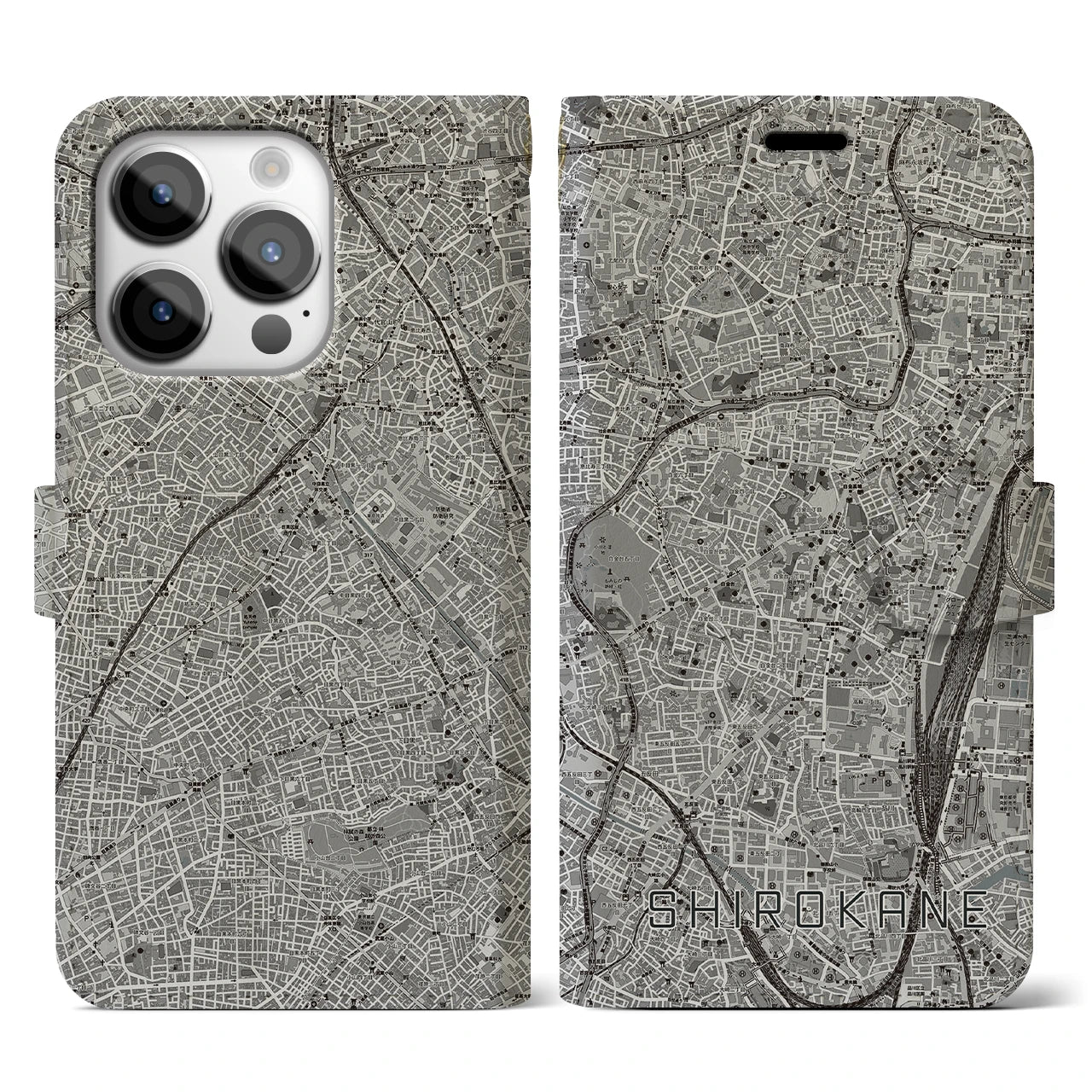 【白金(東京都)】地図柄iPhoneケース(手帳タイプ)モノトーン・iPhone 14 Pro 用