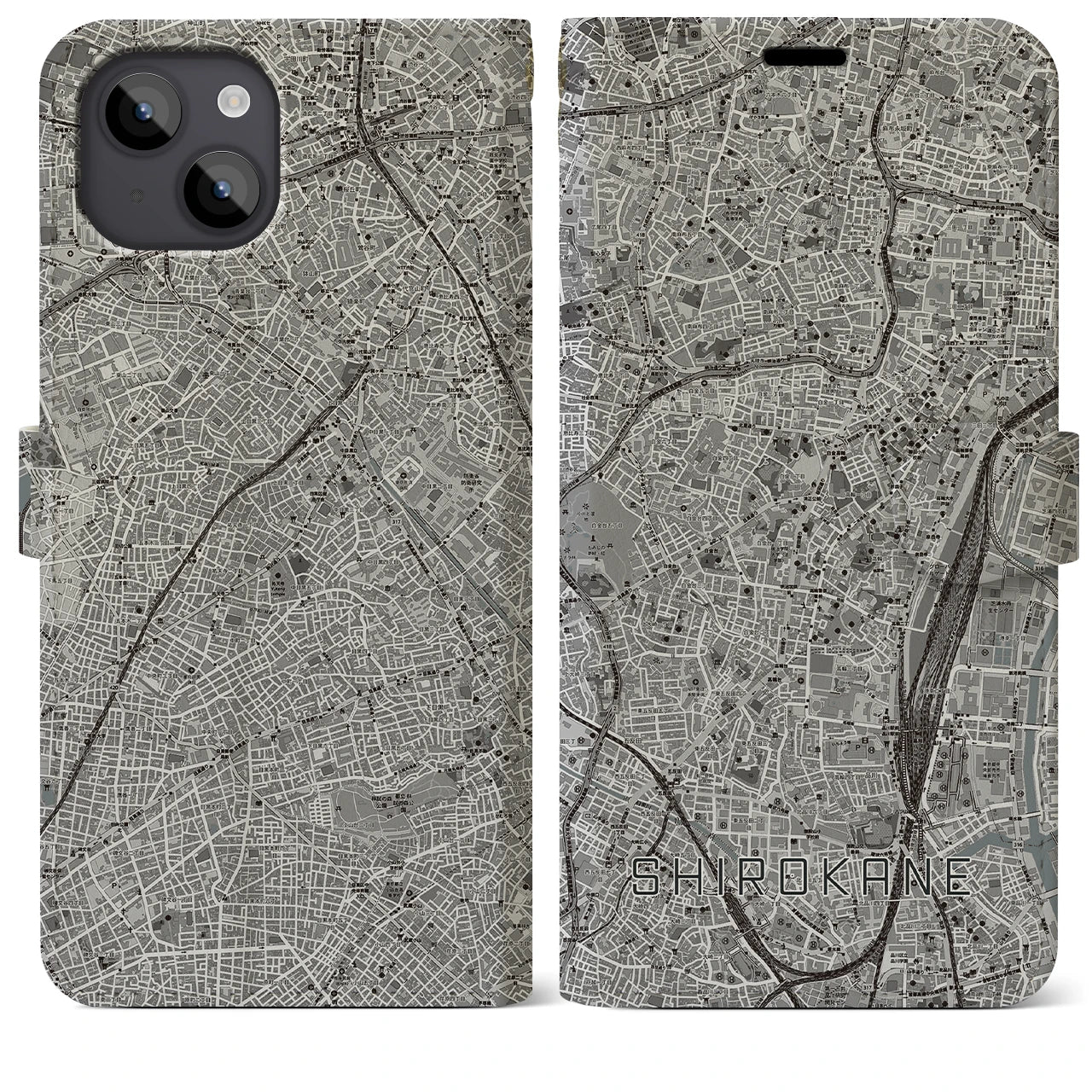 【白金(東京都)】地図柄iPhoneケース(手帳タイプ)モノトーン・iPhone 14 Plus 用