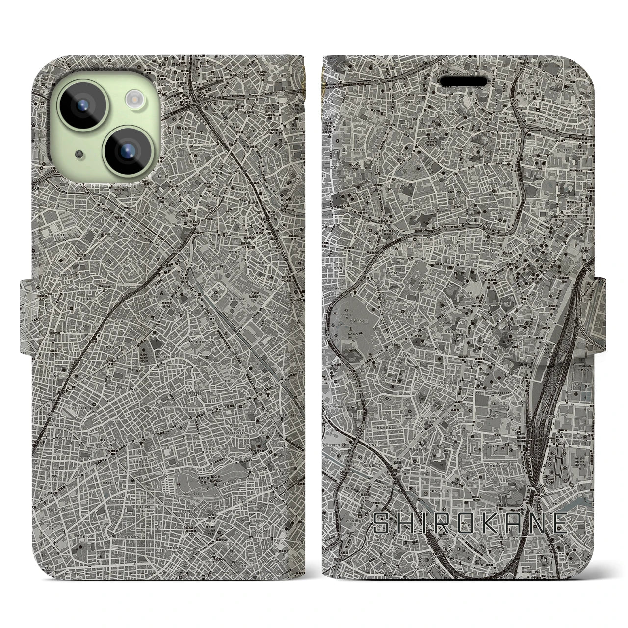 【白金(東京都)】地図柄iPhoneケース(手帳タイプ)モノトーン・iPhone 15 用