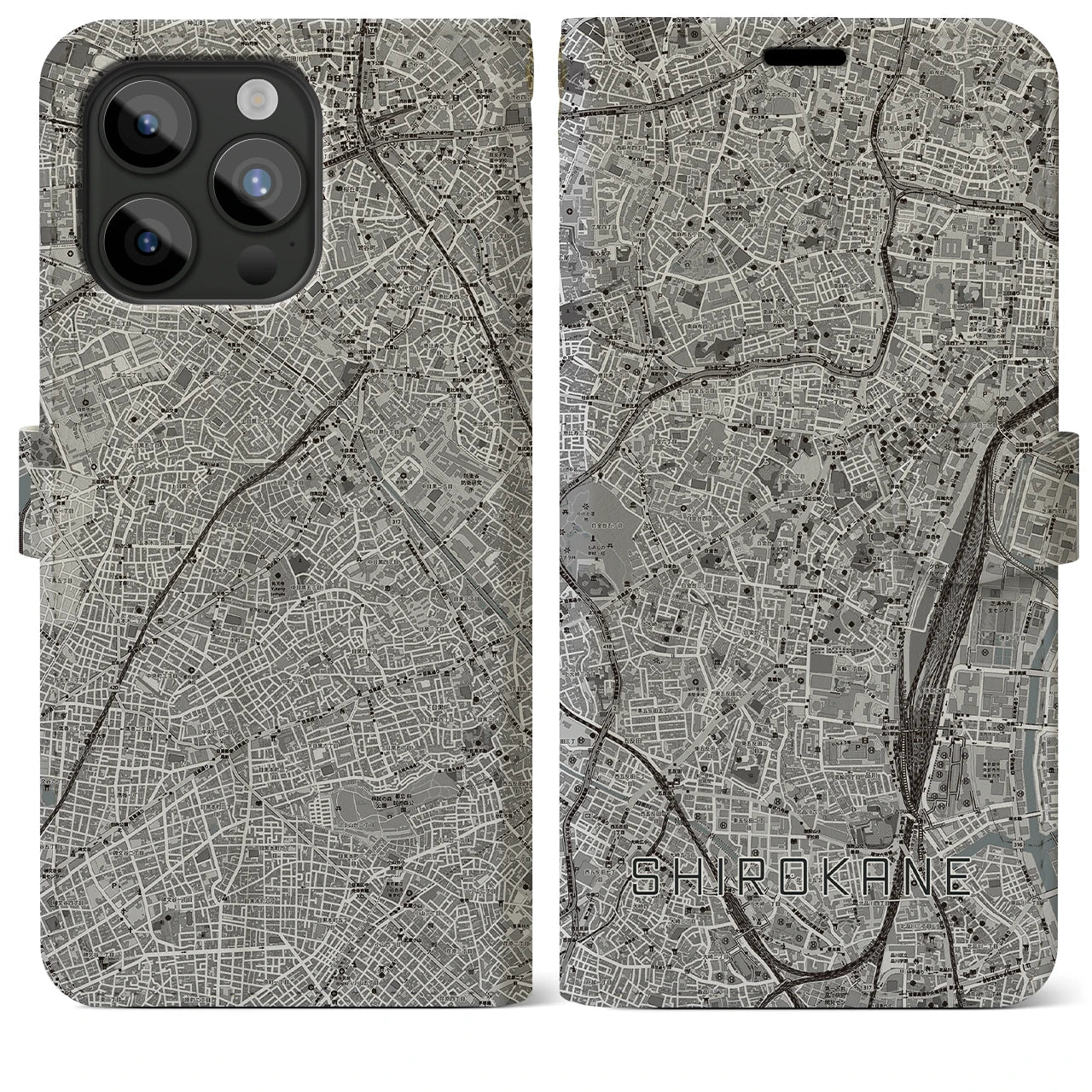 【白金(東京都)】地図柄iPhoneケース(手帳タイプ)モノトーン・iPhone 15 Pro Max 用