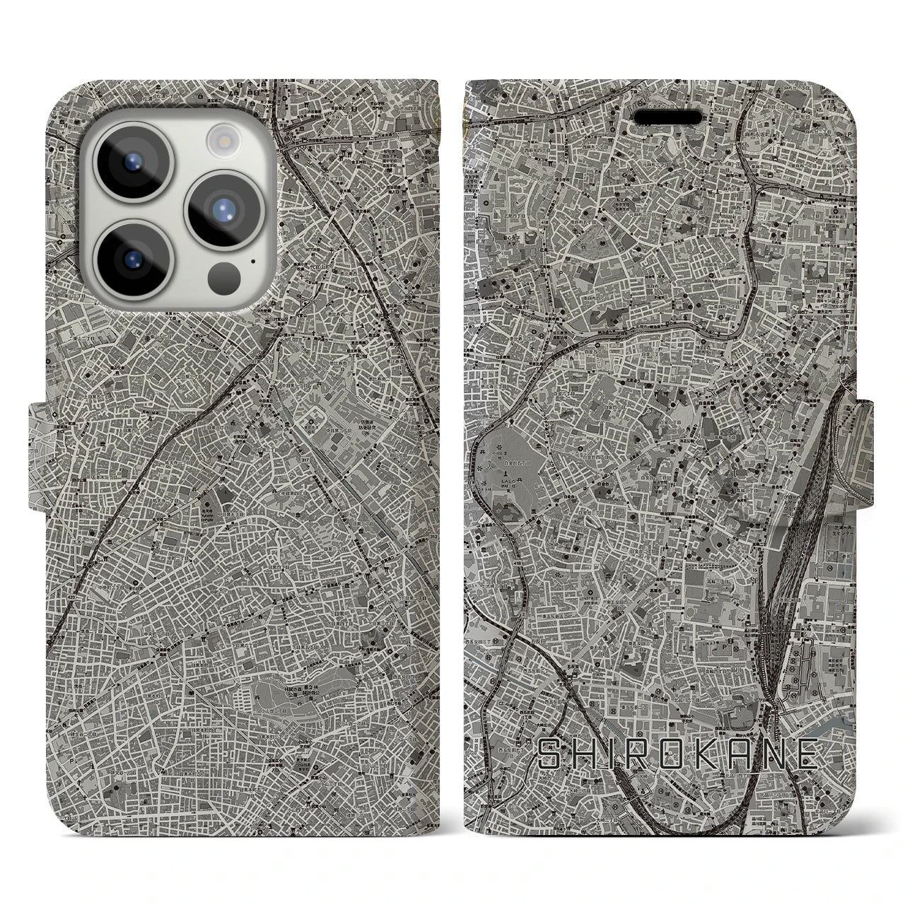 【白金(東京都)】地図柄iPhoneケース(手帳タイプ)モノトーン・iPhone 15 Pro 用