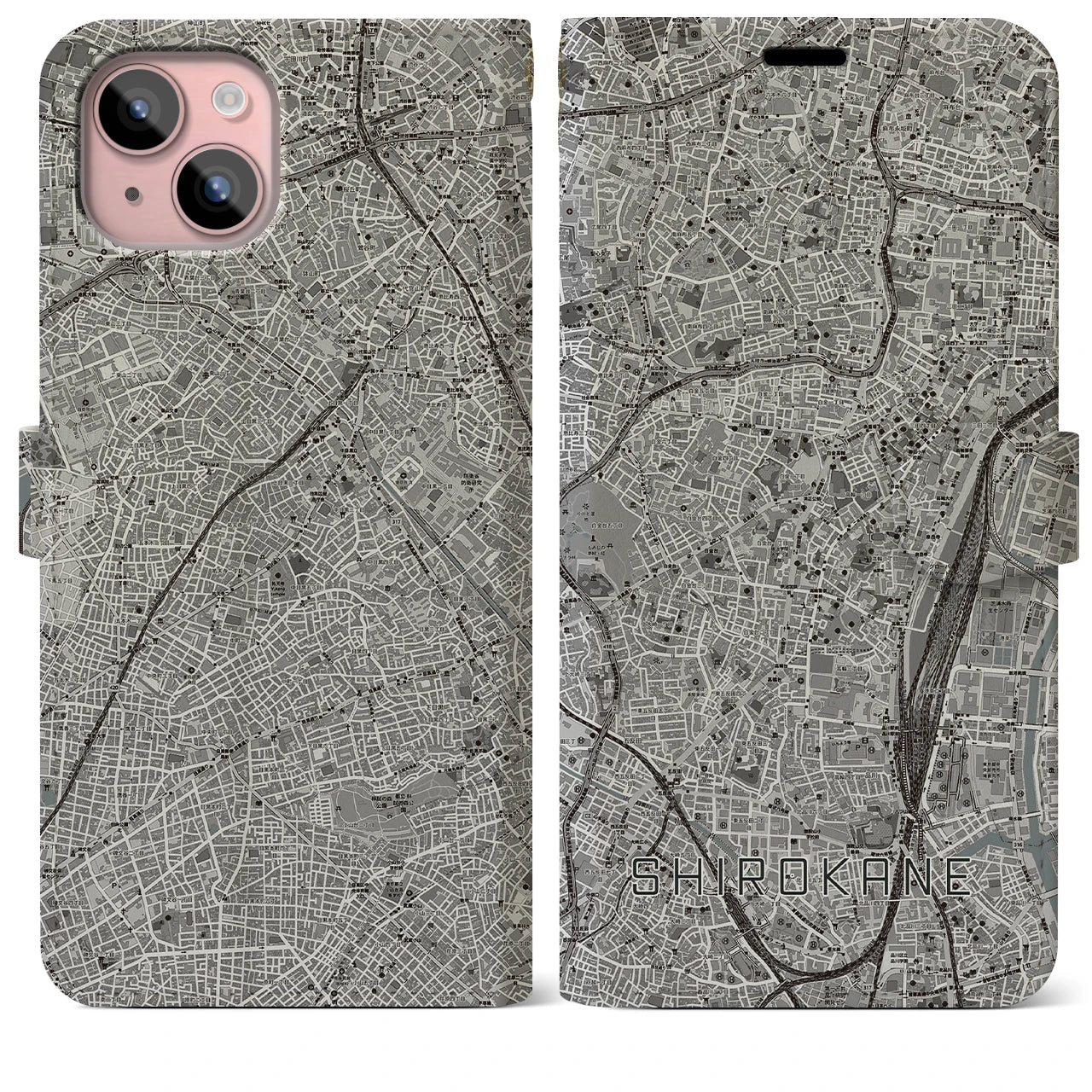 【白金(東京都)】地図柄iPhoneケース(手帳タイプ)モノトーン・iPhone 15 Plus 用