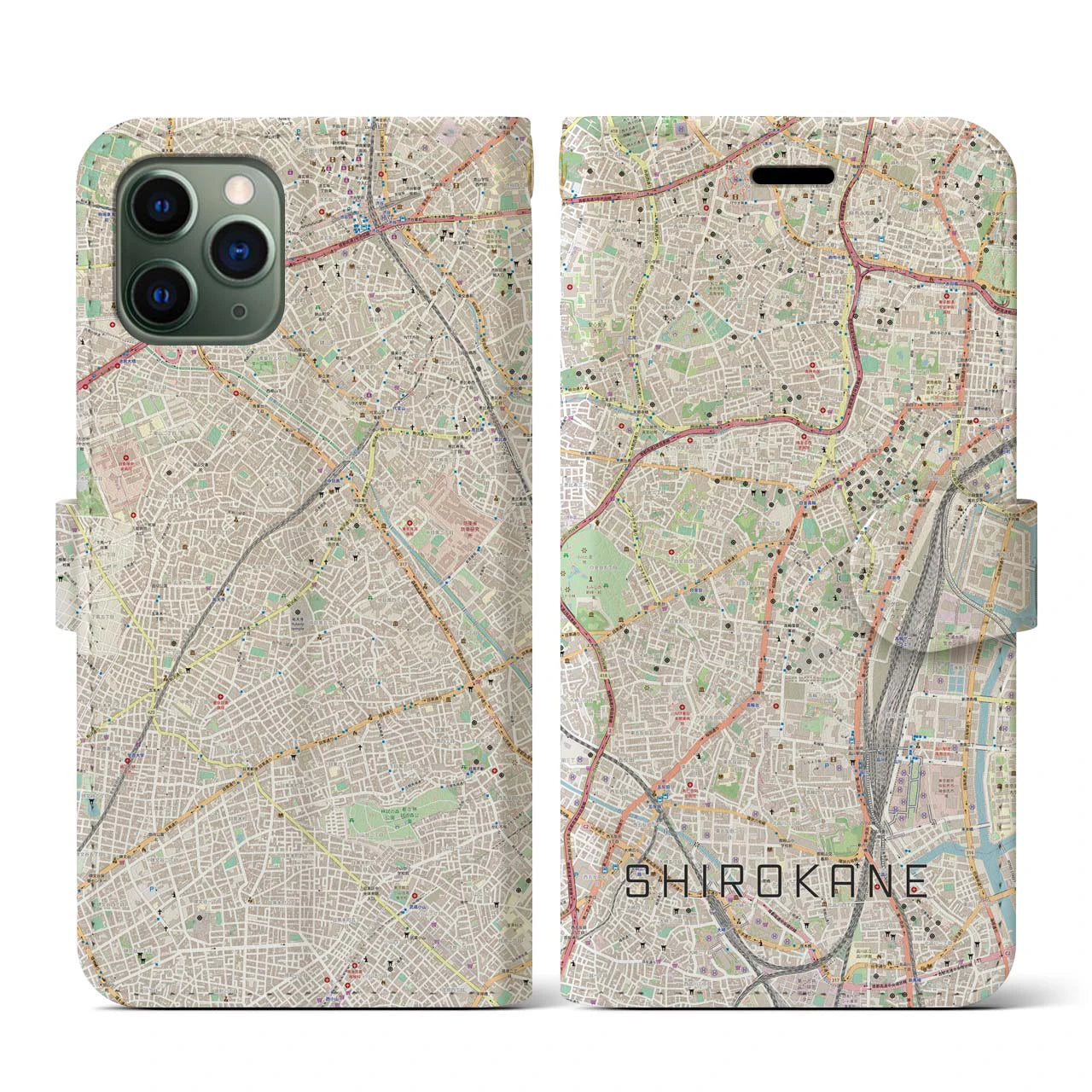 【白金(東京都)】地図柄iPhoneケース(手帳タイプ)ナチュラル・iPhone 11 Pro 用