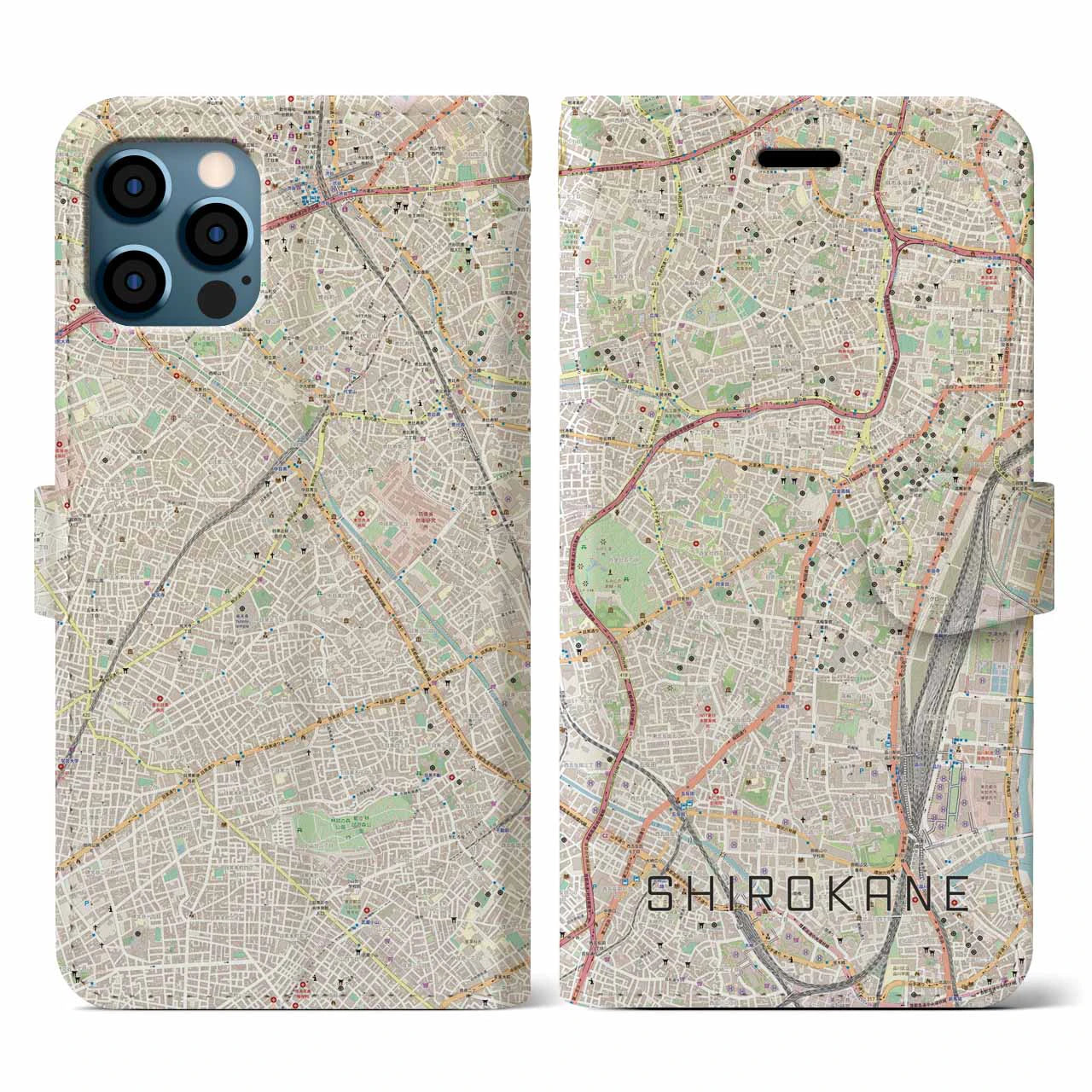 【白金(東京都)】地図柄iPhoneケース(手帳タイプ)ナチュラル・iPhone 12 / 12 Pro 用