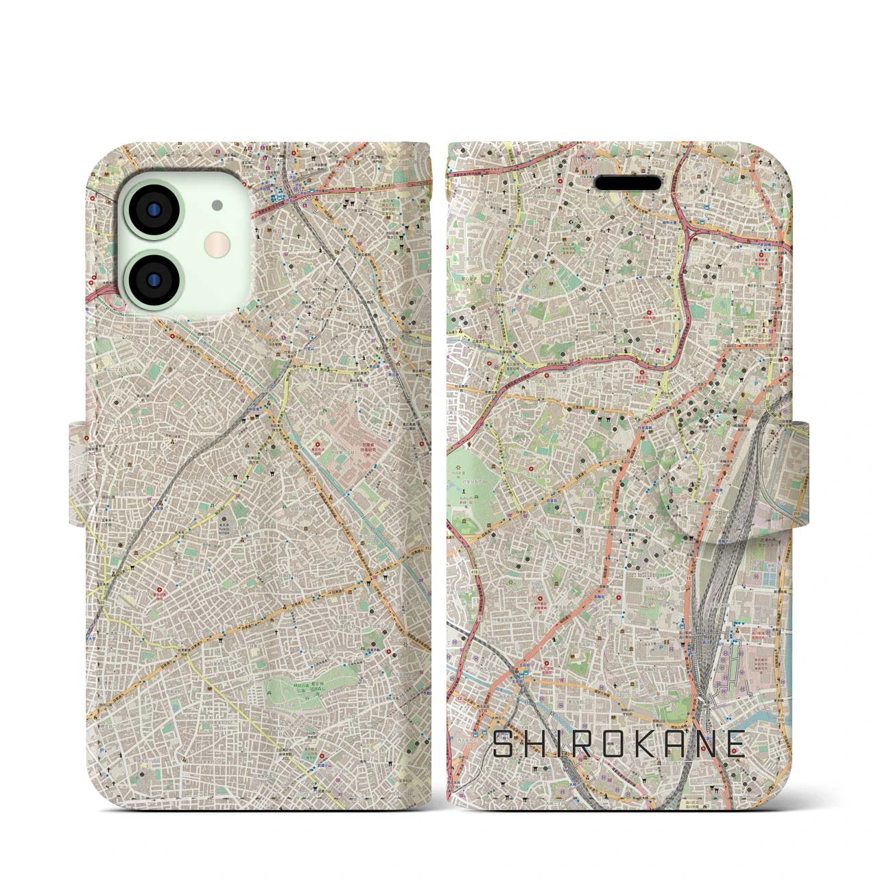 【白金(東京都)】地図柄iPhoneケース(手帳タイプ)ナチュラル・iPhone 12 mini 用