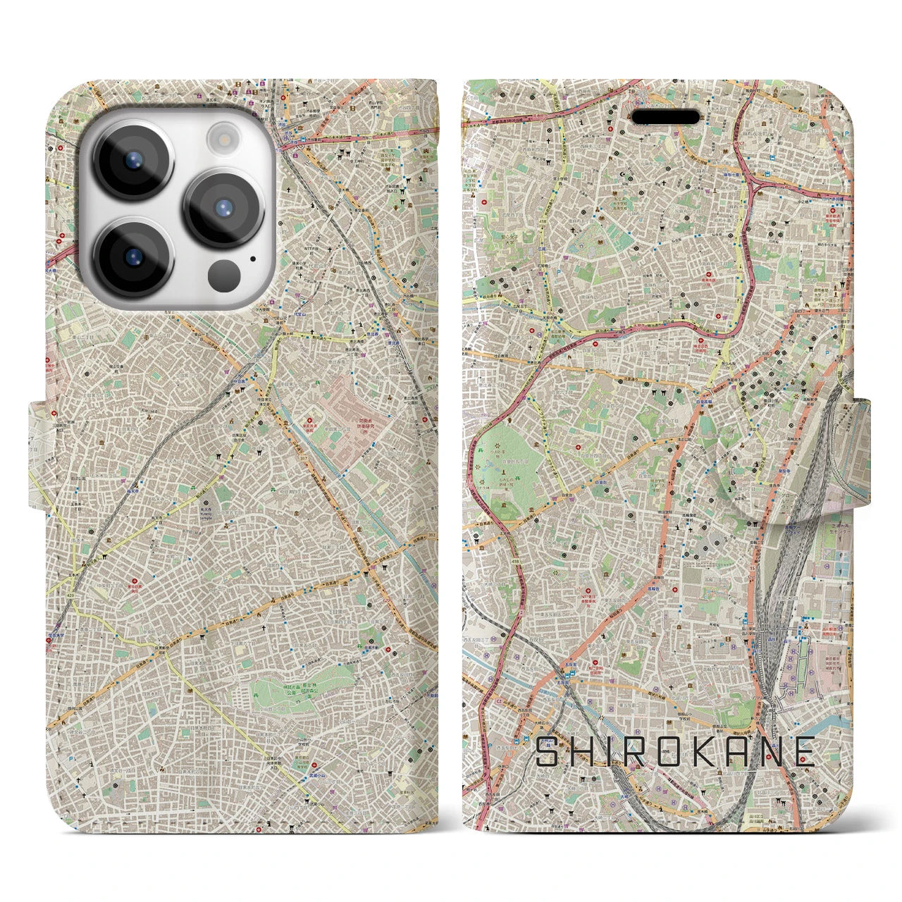【白金(東京都)】地図柄iPhoneケース(手帳タイプ)ナチュラル・iPhone 14 Pro 用