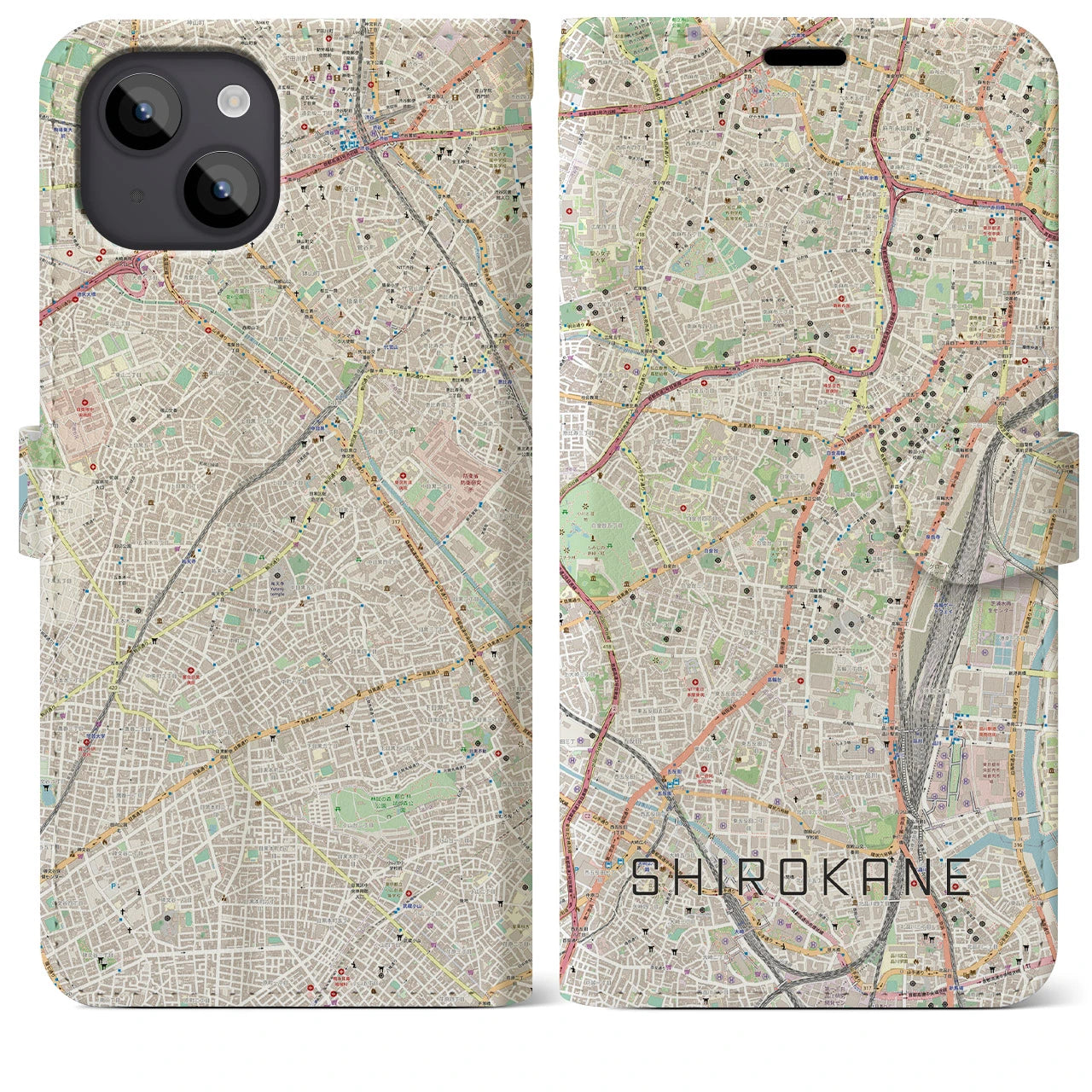 【白金(東京都)】地図柄iPhoneケース(手帳タイプ)ナチュラル・iPhone 14 Plus 用
