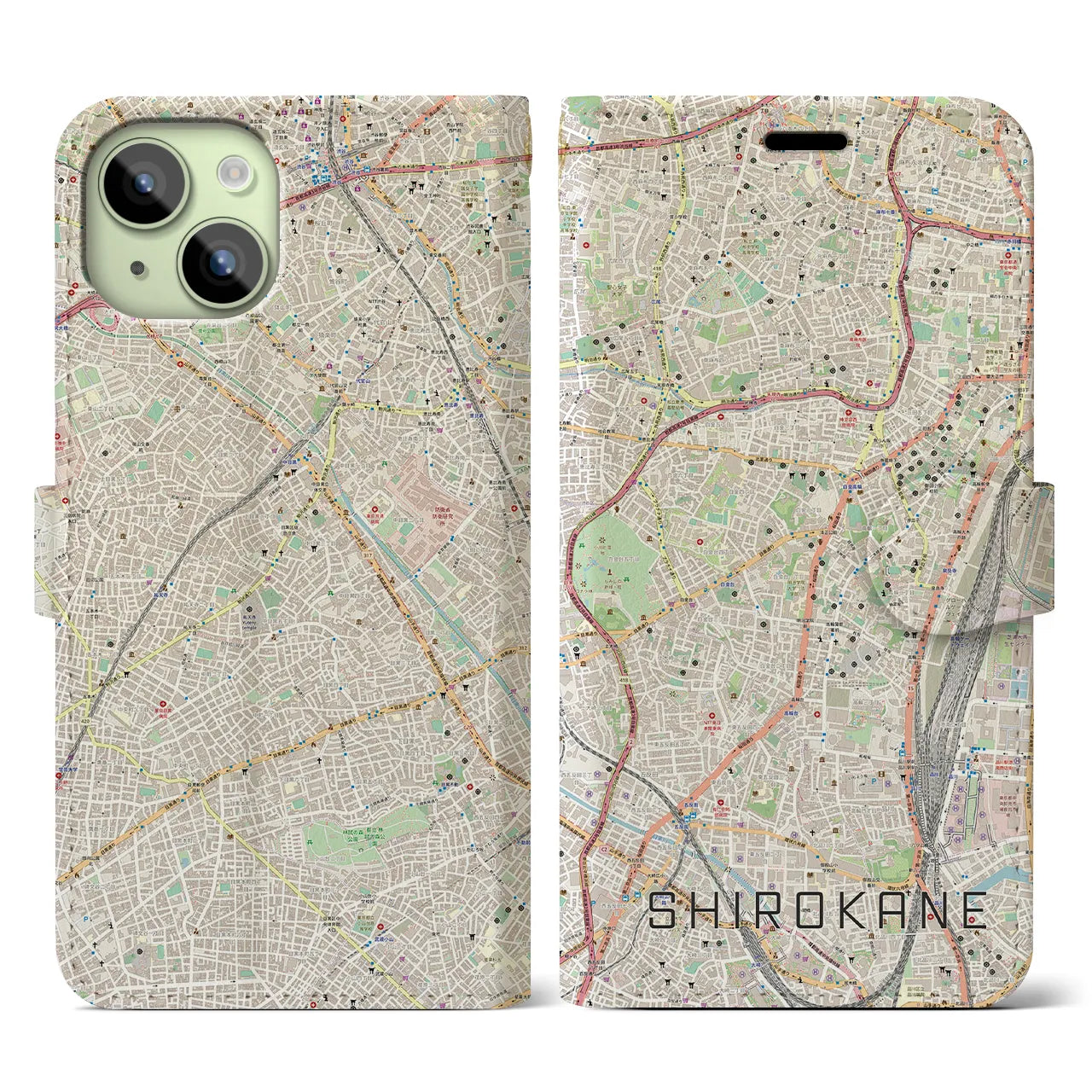 【白金(東京都)】地図柄iPhoneケース(手帳タイプ)ナチュラル・iPhone 15 用