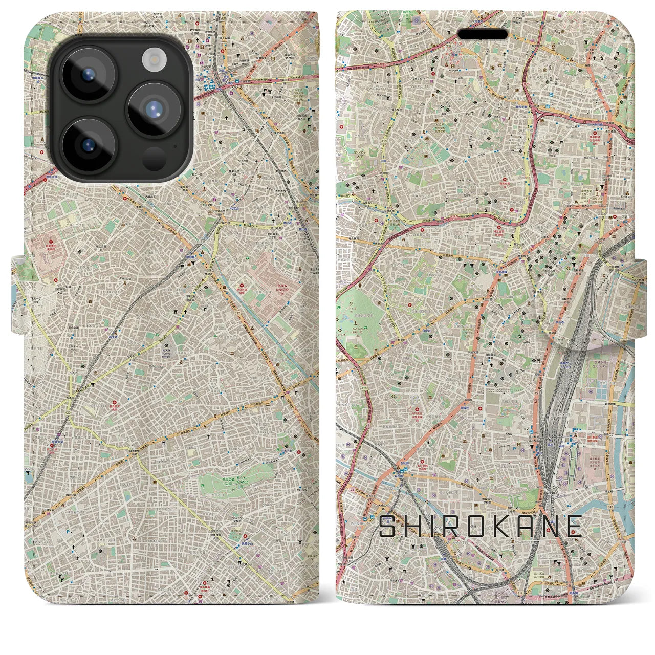 【白金(東京都)】地図柄iPhoneケース(手帳タイプ)ナチュラル・iPhone 15 Pro Max 用