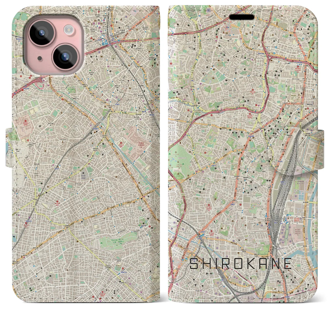 【白金(東京都)】地図柄iPhoneケース(手帳タイプ)ナチュラル・iPhone 15 Plus 用