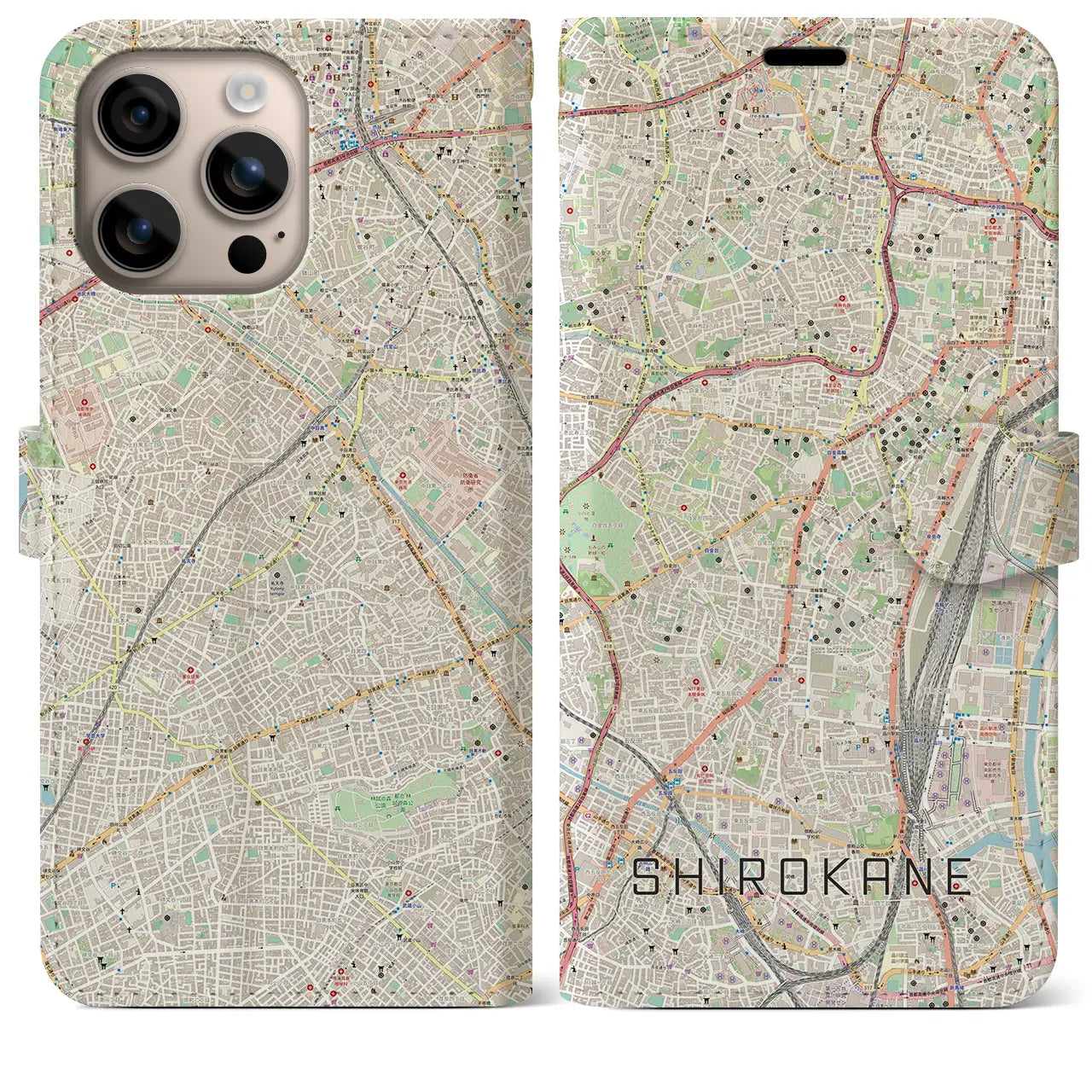 【白金(東京都)】地図柄iPhoneケース(手帳タイプ)ナチュラル・iPhone 16 Plus 用