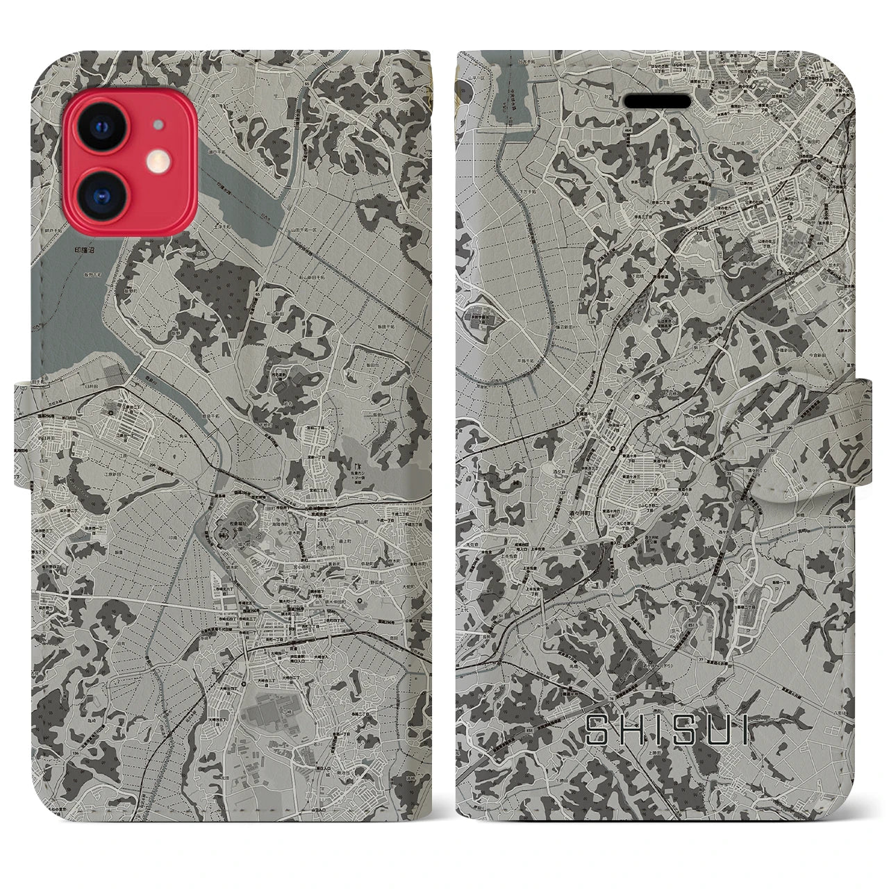 【酒々井(千葉県)】地図柄iPhoneケース(手帳タイプ)モノトーン・iPhone 11 用