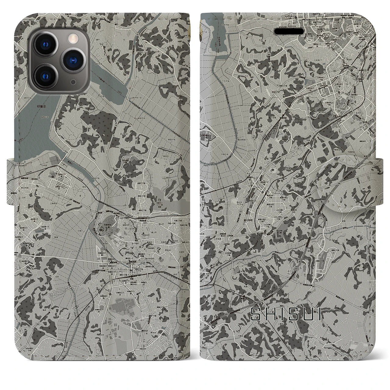 【酒々井(千葉県)】地図柄iPhoneケース(手帳タイプ)モノトーン・iPhone 11 Pro Max 用
