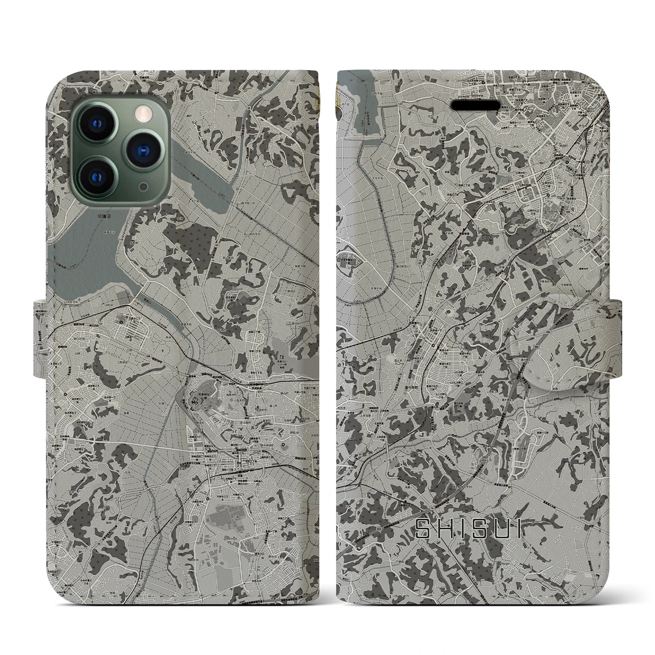 【酒々井(千葉県)】地図柄iPhoneケース(手帳タイプ)モノトーン・iPhone 11 Pro 用