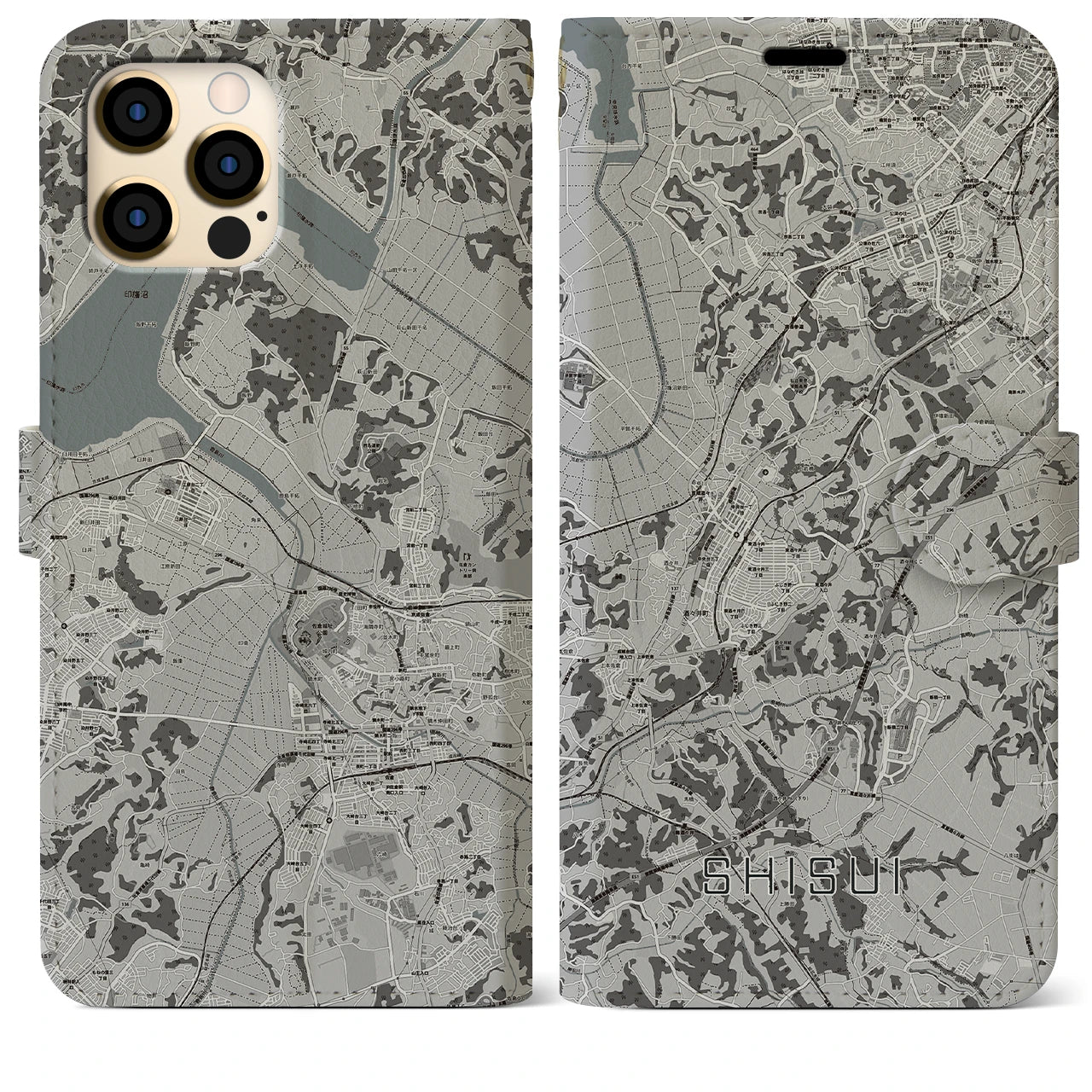 【酒々井(千葉県)】地図柄iPhoneケース(手帳タイプ)モノトーン・iPhone 12 Pro Max 用