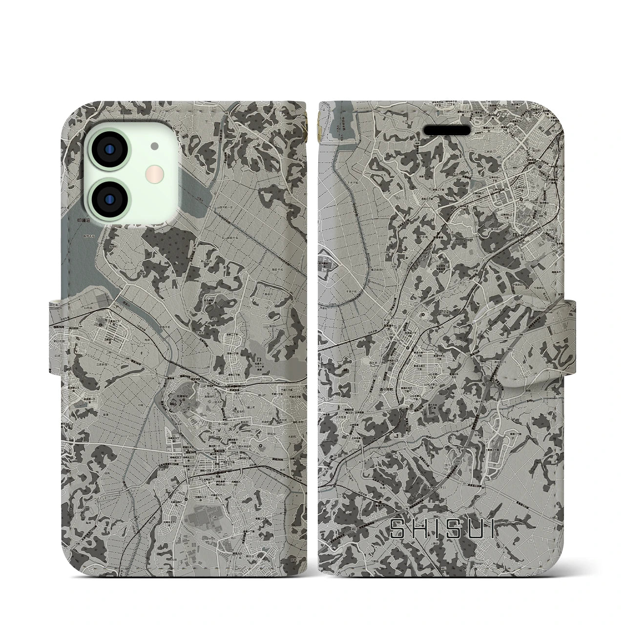 【酒々井(千葉県)】地図柄iPhoneケース(手帳タイプ)モノトーン・iPhone 12 mini 用