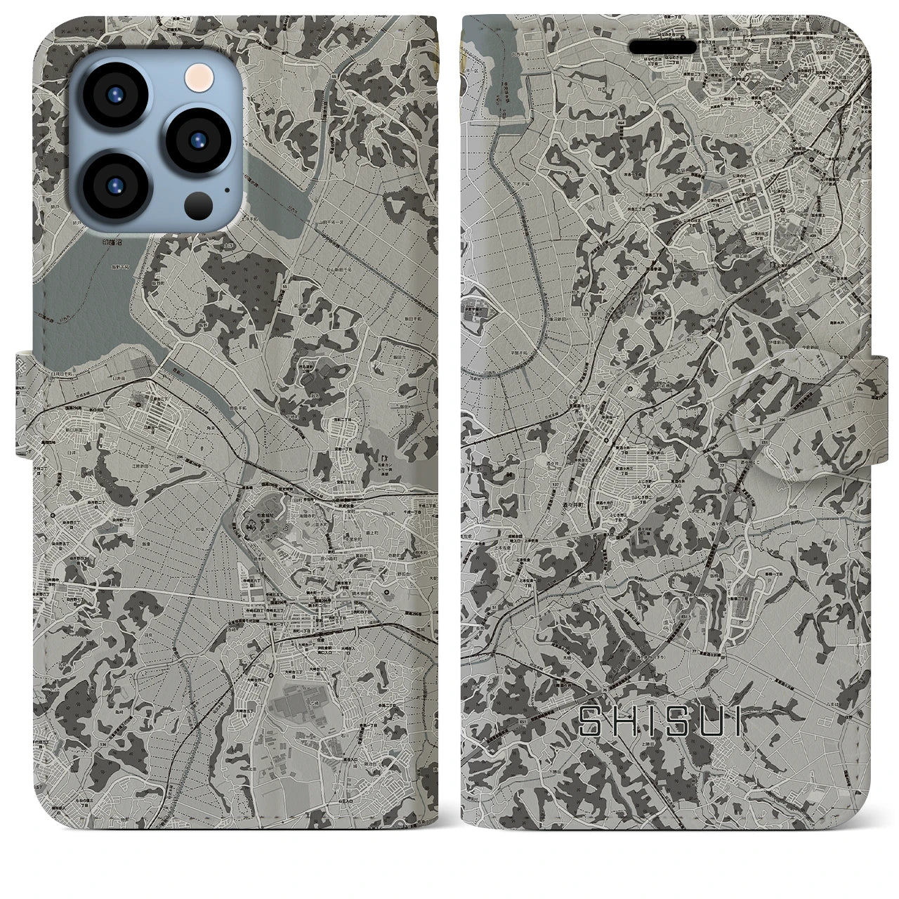 【酒々井(千葉県)】地図柄iPhoneケース(手帳タイプ)モノトーン・iPhone 13 Pro Max 用