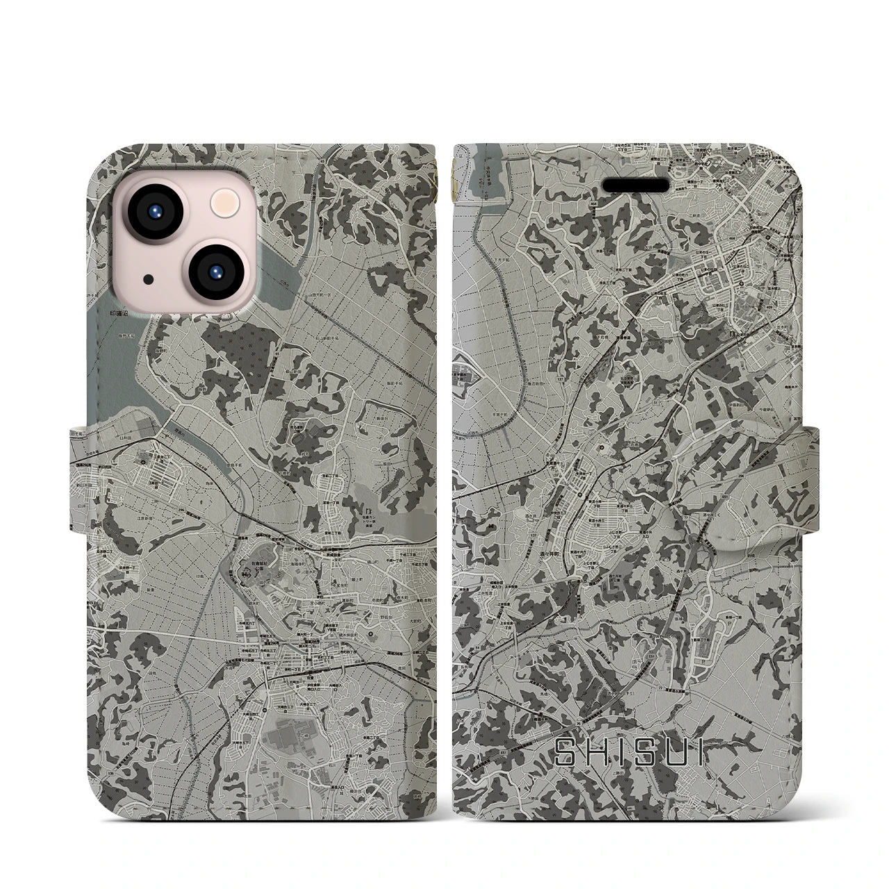 【酒々井(千葉県)】地図柄iPhoneケース(手帳タイプ)モノトーン・iPhone 13 mini 用