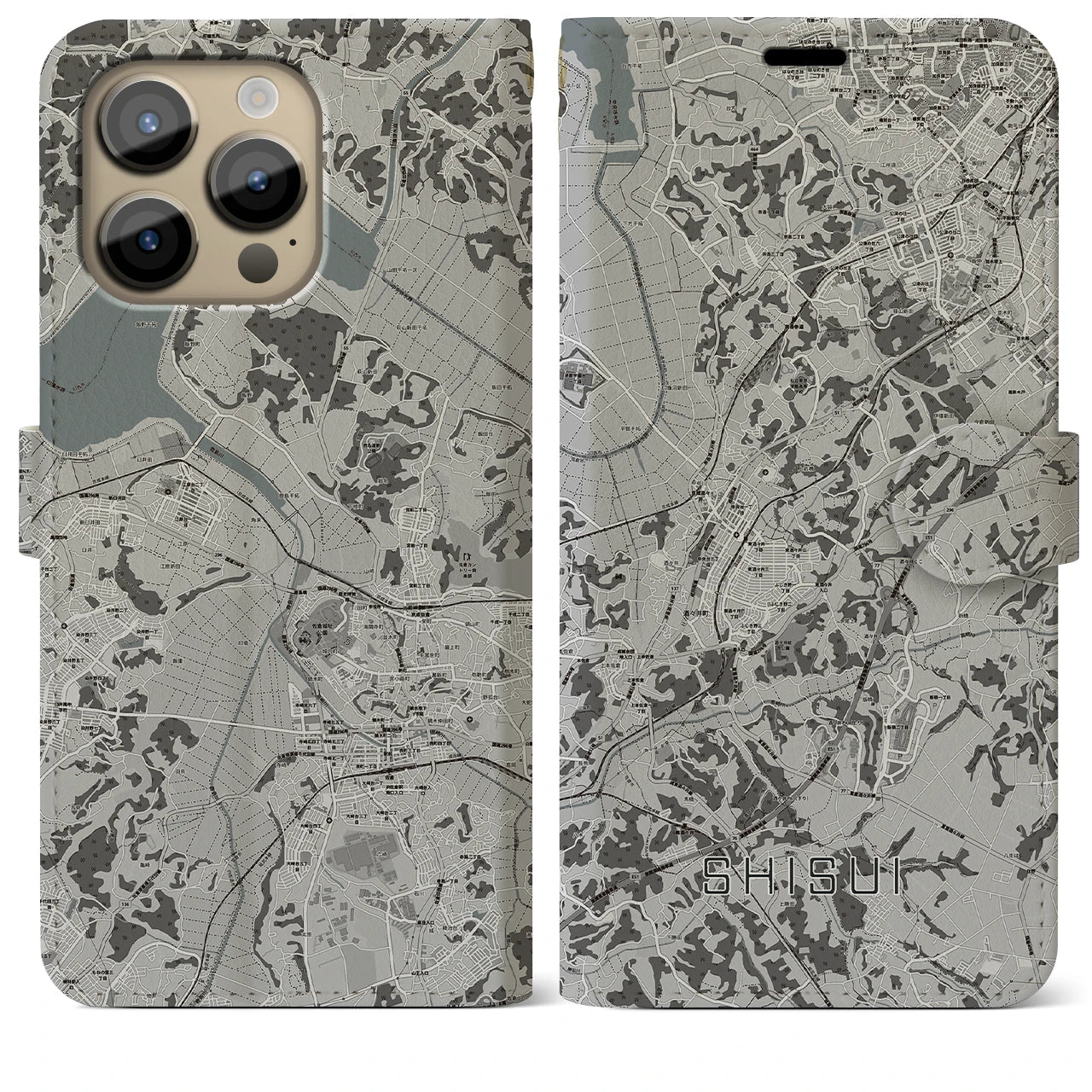 【酒々井(千葉県)】地図柄iPhoneケース(手帳タイプ)モノトーン・iPhone 14 Pro Max 用